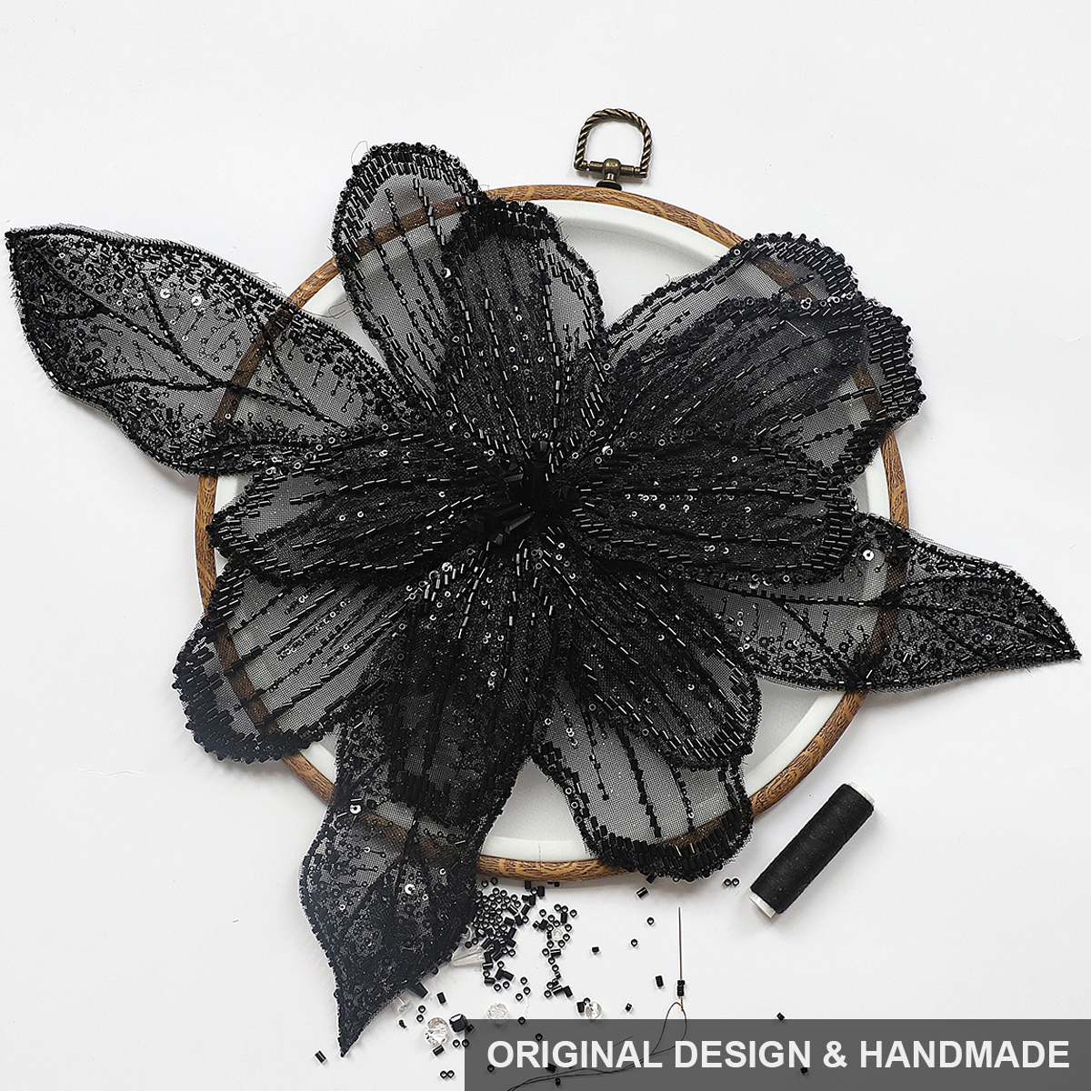 Yanzi Handmade Black Lace Beaded Applique Sew on Sequins Trimming Patches for Dress Clothing Accessories (YZDH005）