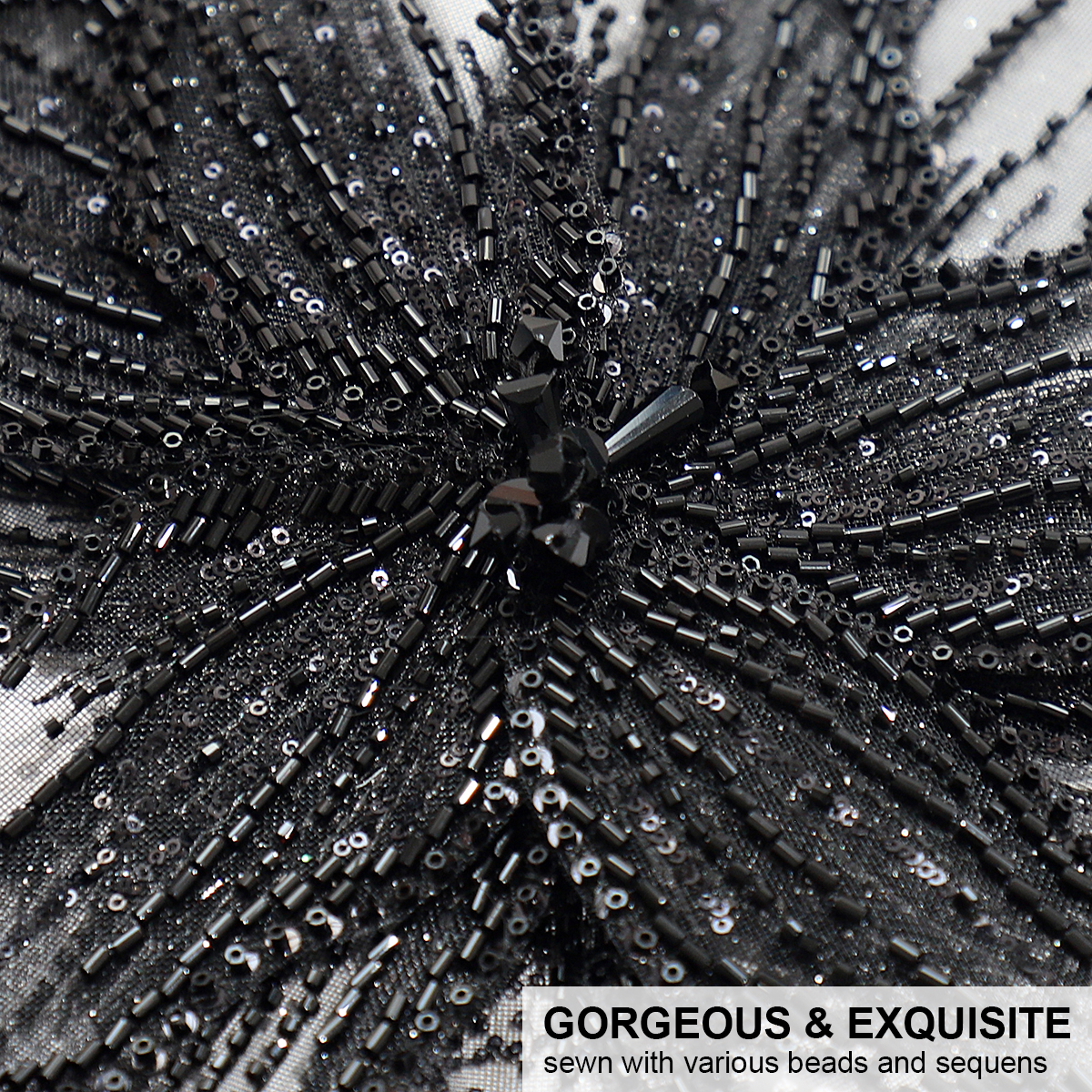 Yanzi Handmade Black Lace Beaded Applique Sew on Sequins Trimming Patches for Dress Clothing Accessories (YZDH005）