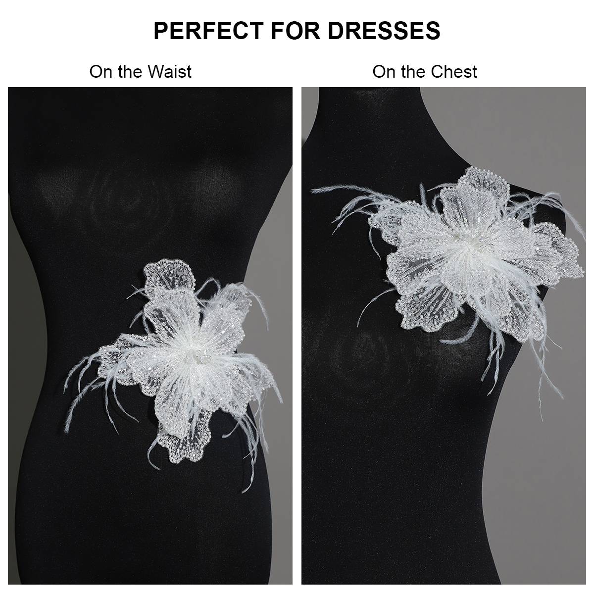 Yanzi Handmade 3d Flower Sequin Beads Applique with Feather for Dress Clothing Accessories (YZDH026）