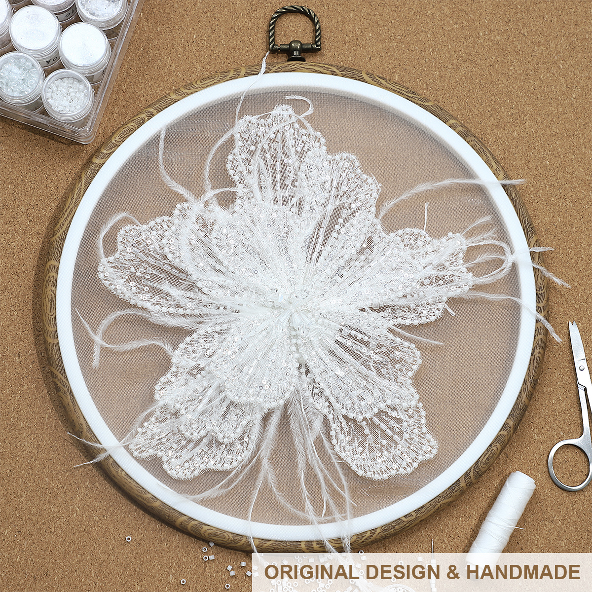 Yanzi Handmade 3d Flower Sequin Beads Applique with Feather for Dress Clothing Accessories (YZDH026）