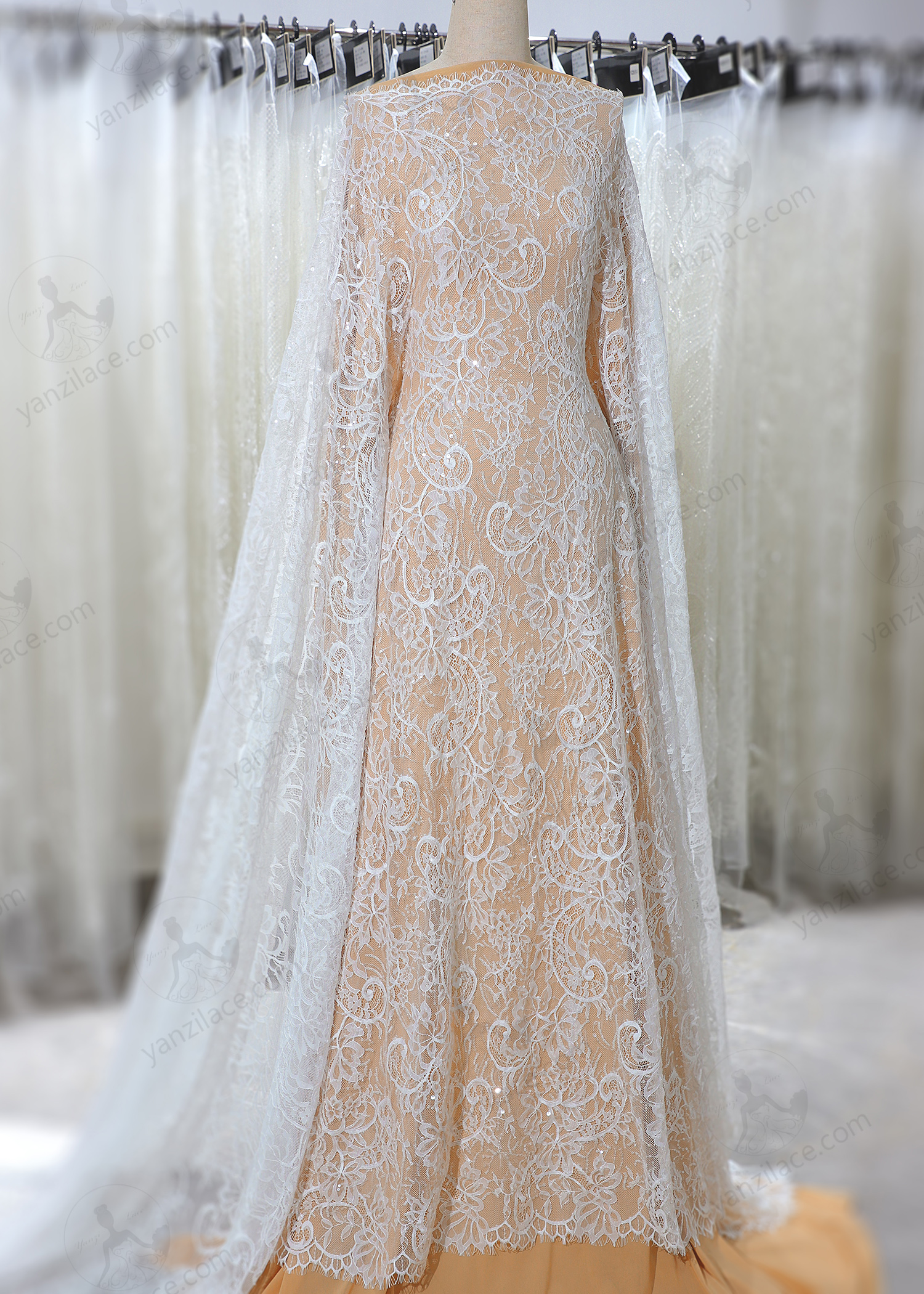 Yanzi eyelash lace with bead embroidery bridal wedding fabric lace (YZZX898+L85230)