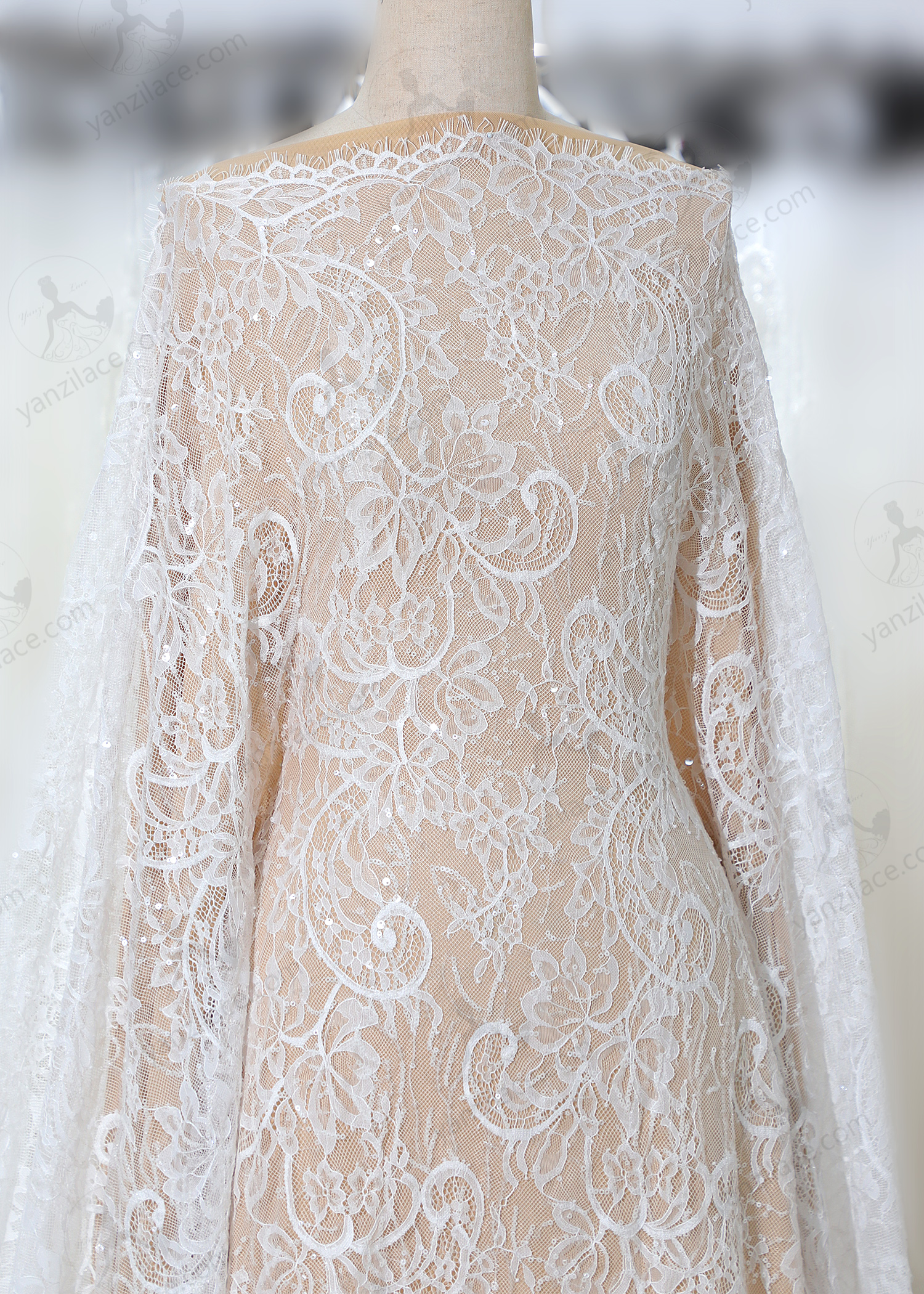 Yanzi eyelash lace with bead embroidery bridal wedding fabric lace (YZZX898+L85230)