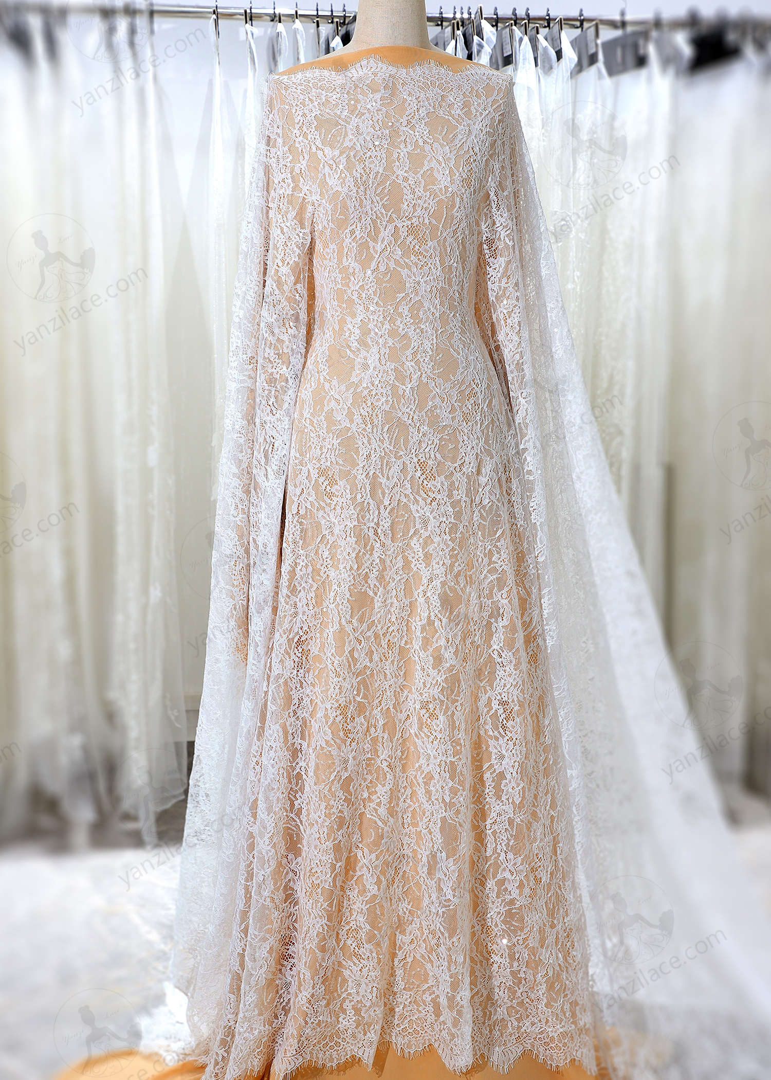 Yanzi eyelash lace with bead embroidery bridal wedding fabric lace (YZZX898+L85171)