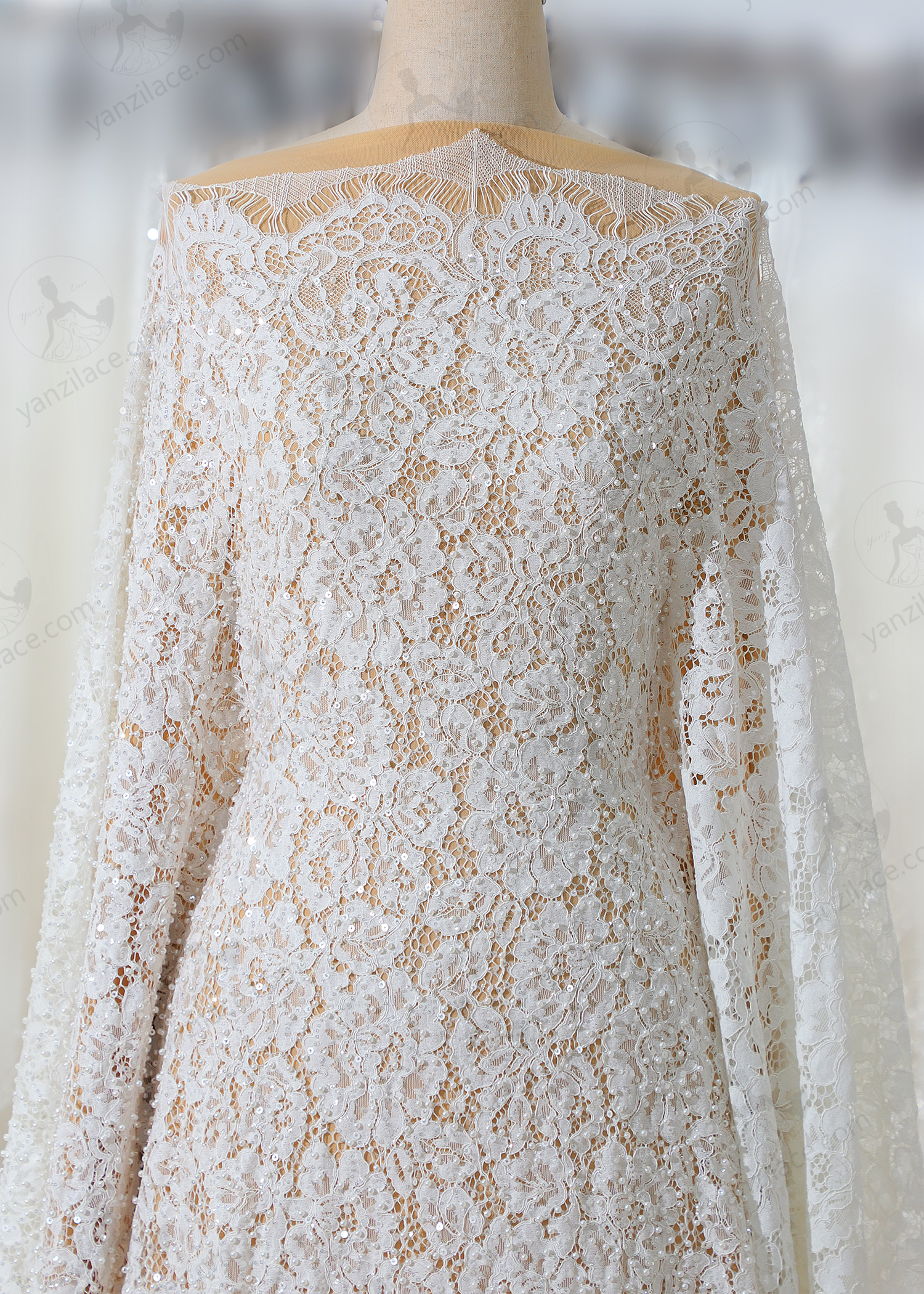 Yanzi eyelash lace with bead embroidery bridal wedding fabric luxury lace (YZZX899)