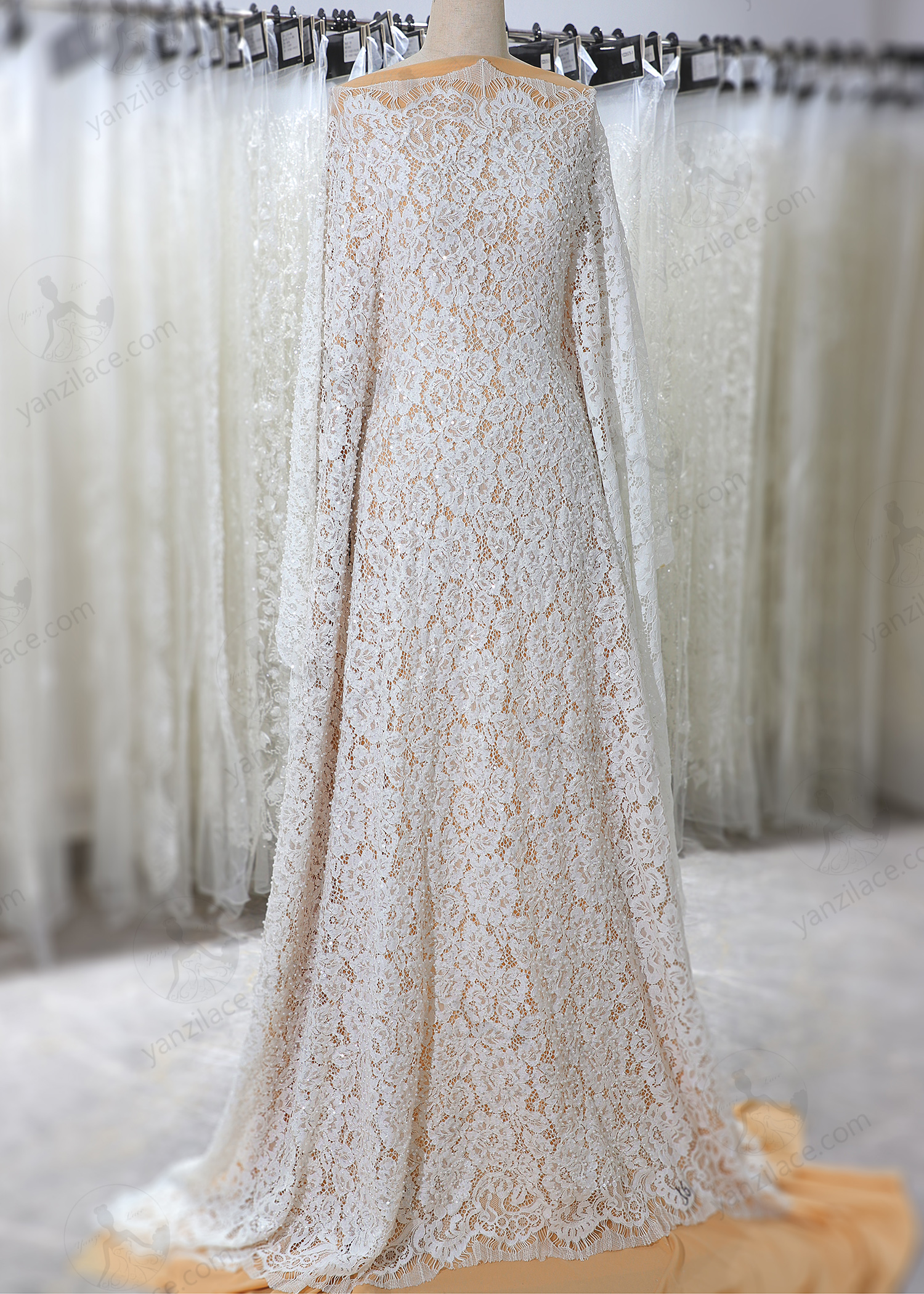 Yanzi eyelash lace with bead embroidery bridal wedding fabric luxury lace (YZZX899)