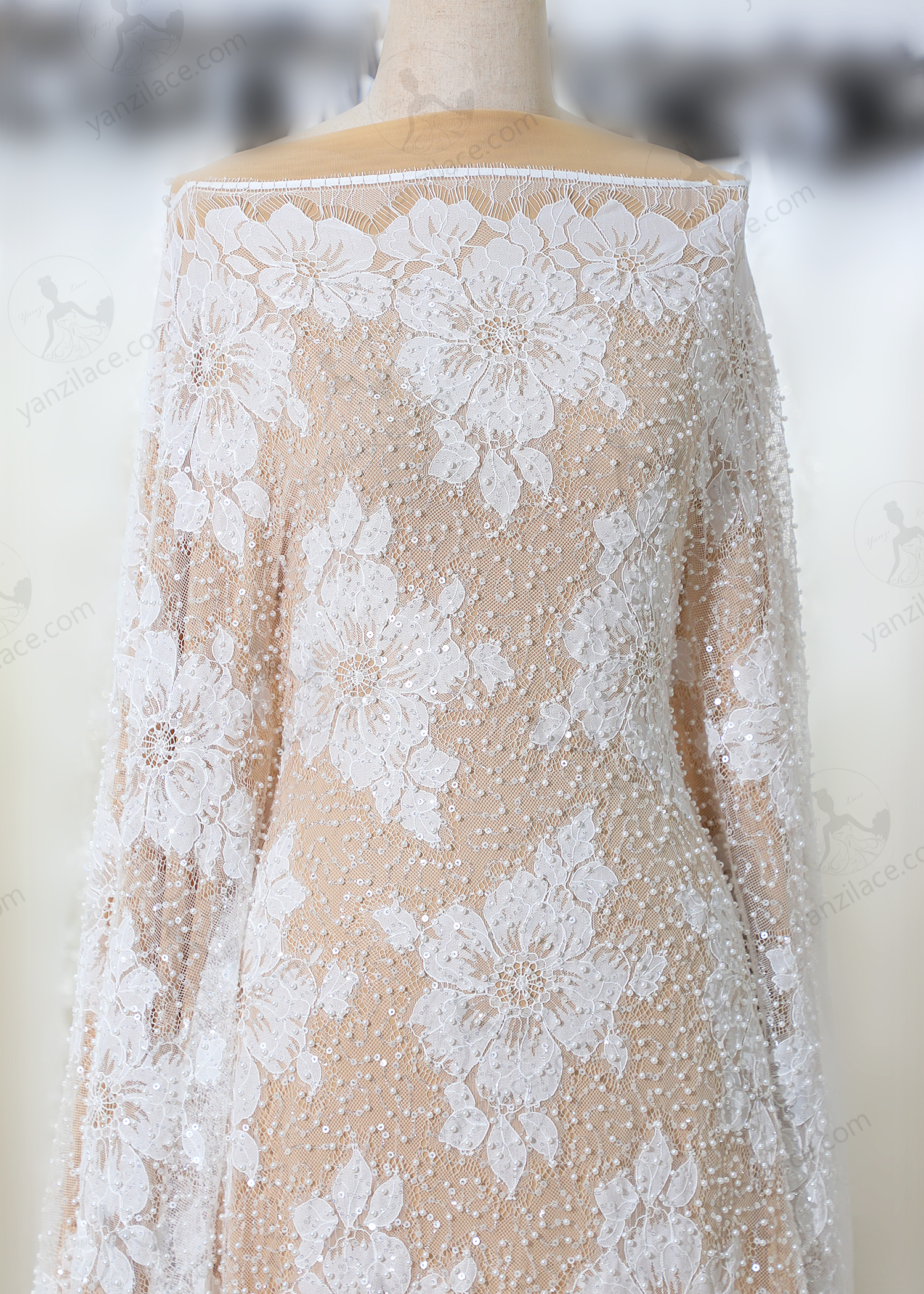 Yanzi eyelash lace with bead embroidery bridal wedding fabric lace (YZZX899+L18170)