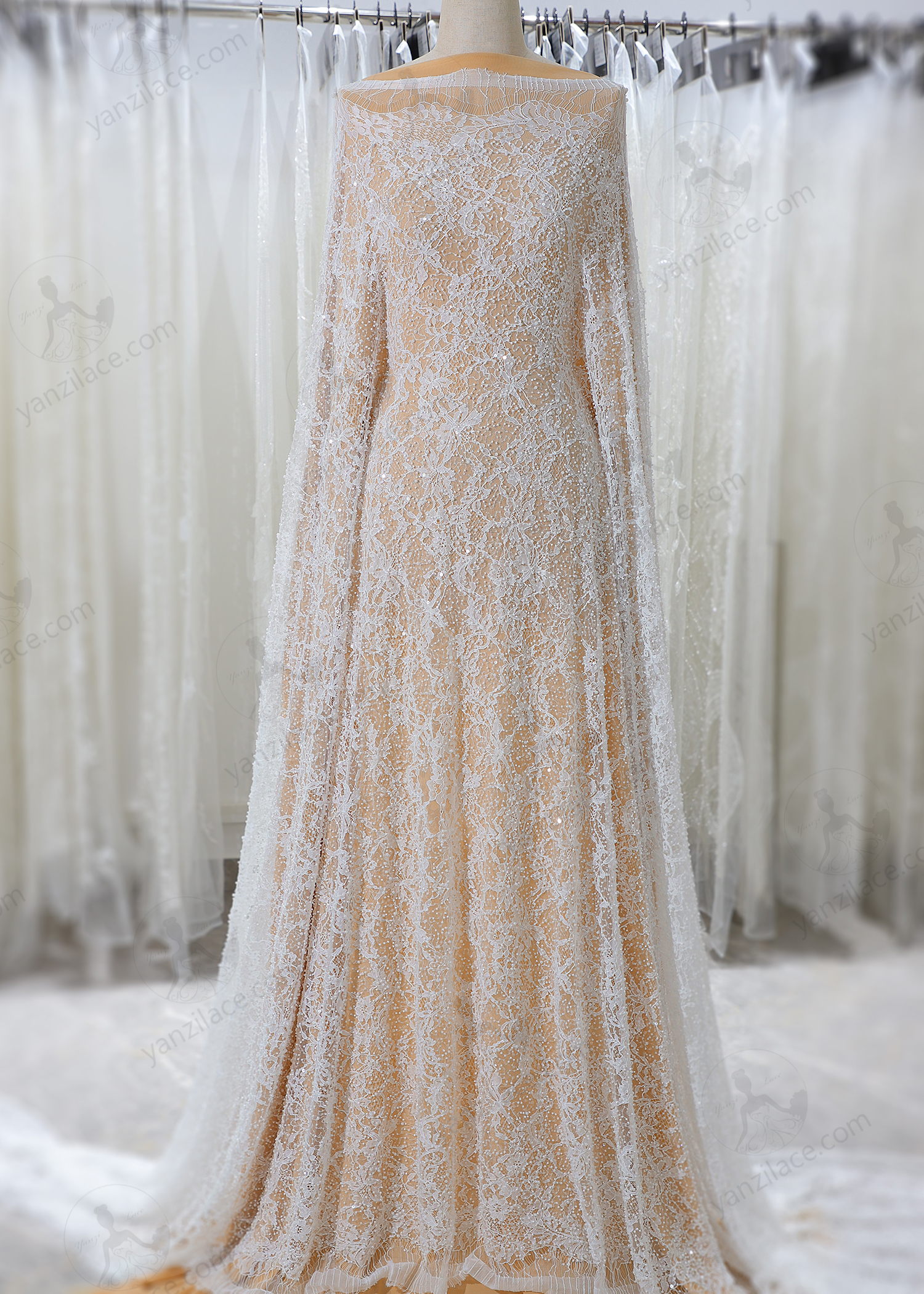 Yanzi eyelash lace with bead embroidery bridal wedding fabric lace (YZZX899+L18219)