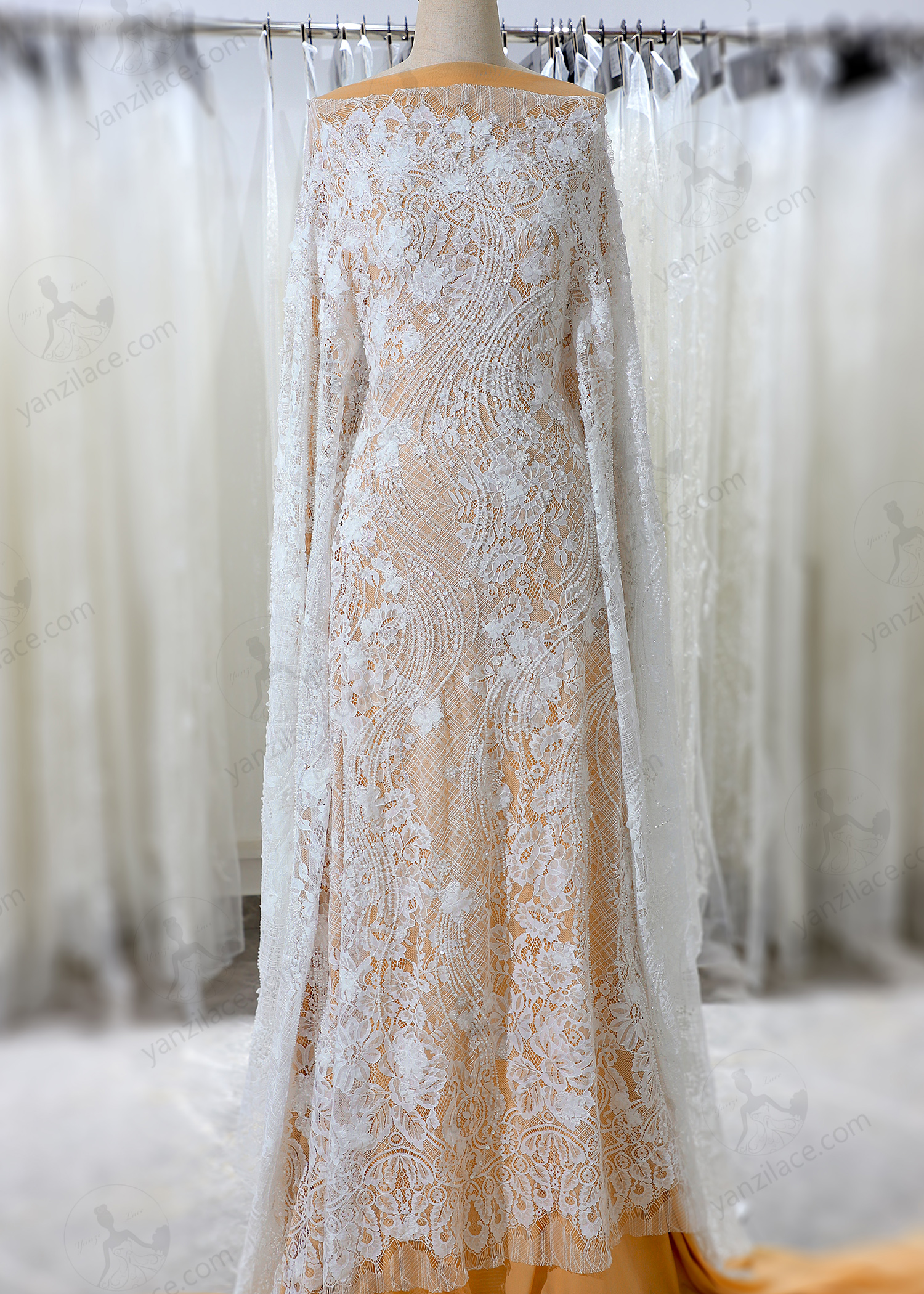 Yanzi eyelash lace with bead embroidery bridal wedding fabric luxury lace (YZZX904)