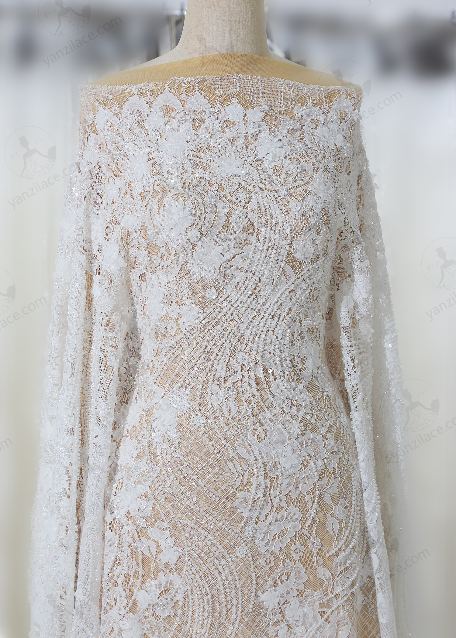 Yanzi eyelash lace with bead embroidery bridal wedding fabric luxury lace (YZZX904)