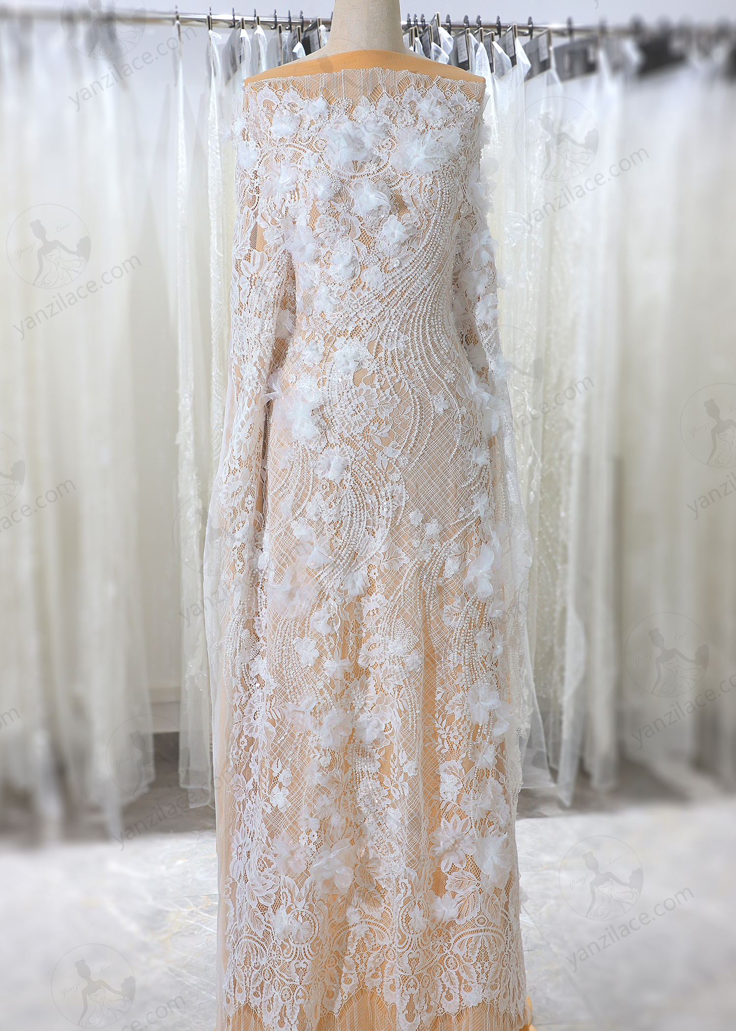 Yanzi 3D floral embroidered lace with beaded sequin  (YZ3DX018+L9036）