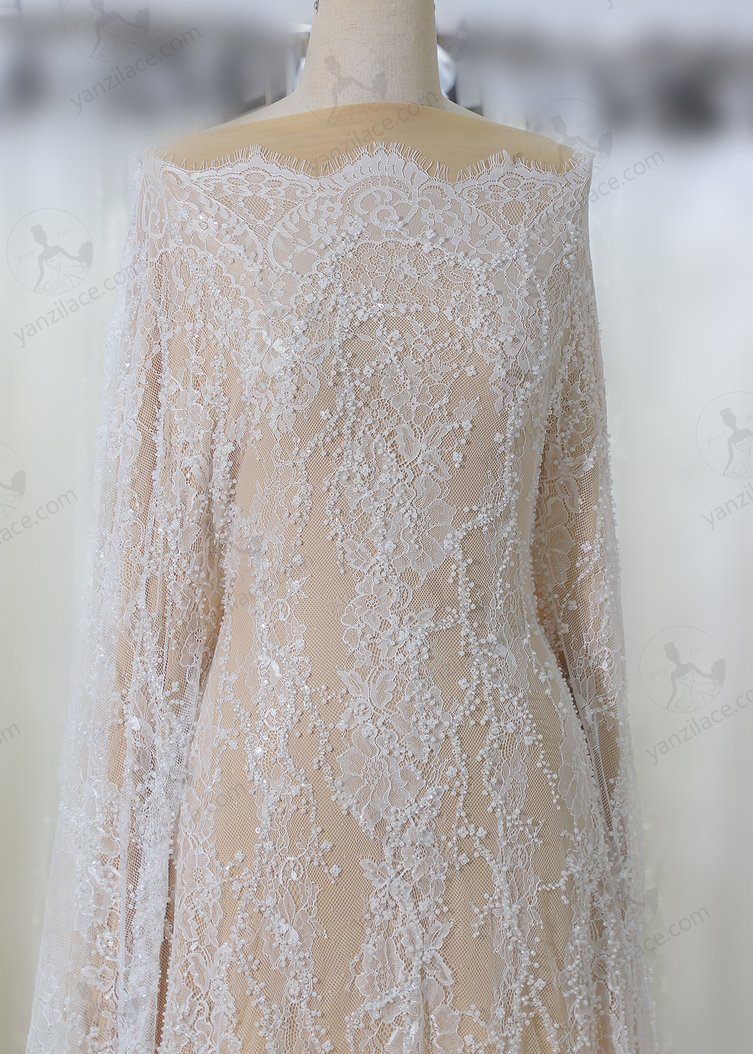 Yanzi eyelash lace with bead embroidery bridal wedding fabric luxury lace (YZZX905)