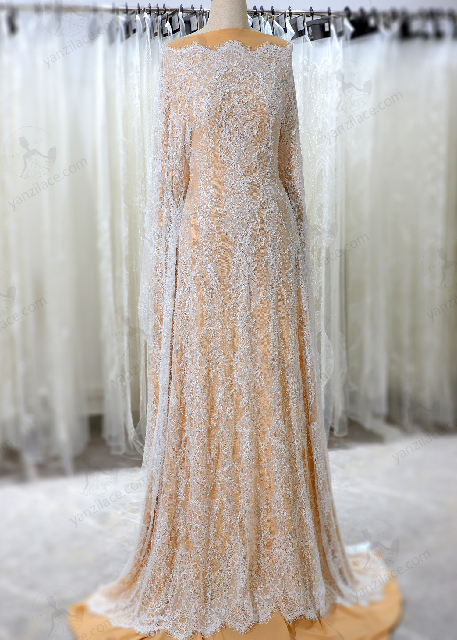 Yanzi eyelash lace with bead embroidery bridal wedding fabric luxury lace (YZZX905)