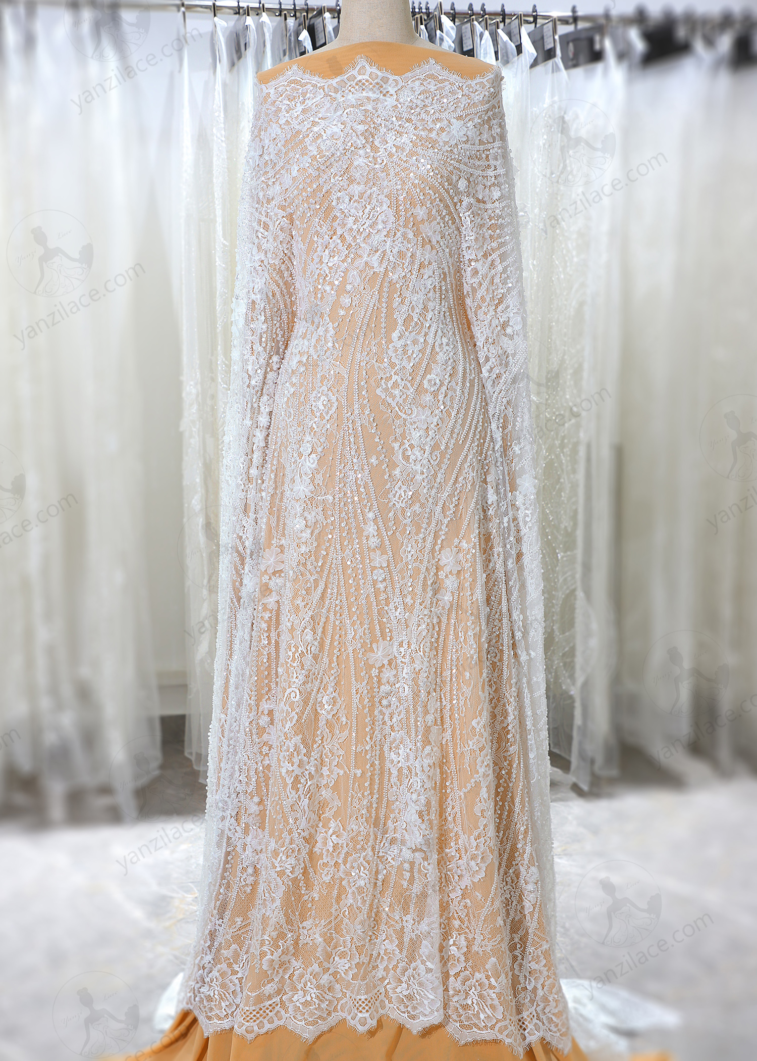 Yanzi eyelash lace with bead embroidery bridal wedding fabric luxury lace (YZZX906)