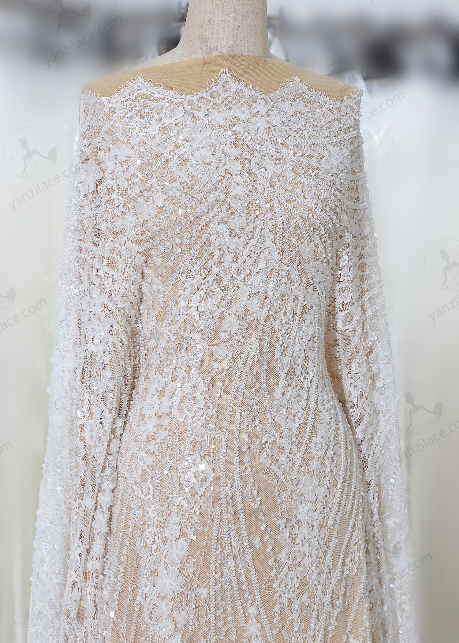 Yanzi eyelash lace with bead embroidery bridal wedding fabric luxury lace (YZZX906)