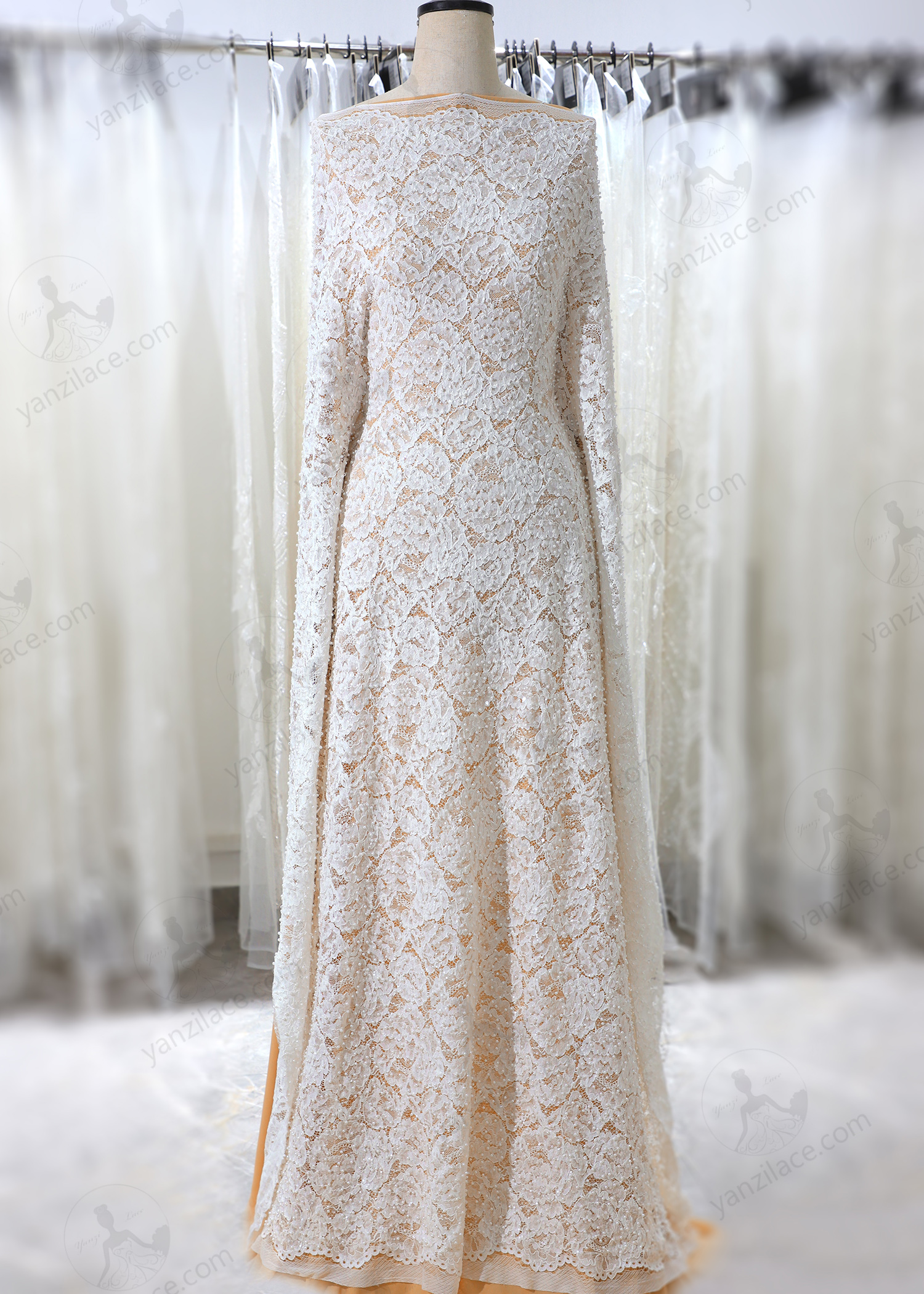 Yanzi eyelash lace with bead embroidery bridal wedding fabric lace (YZZX899+WY089)