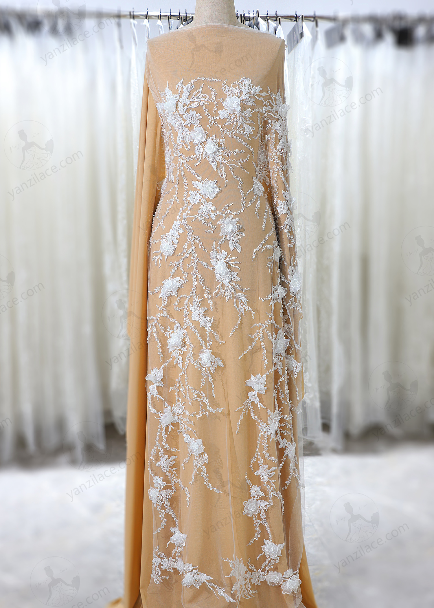 Yanzi 3D floral embroidered lace with beaded sequin  (YZ3DX030）