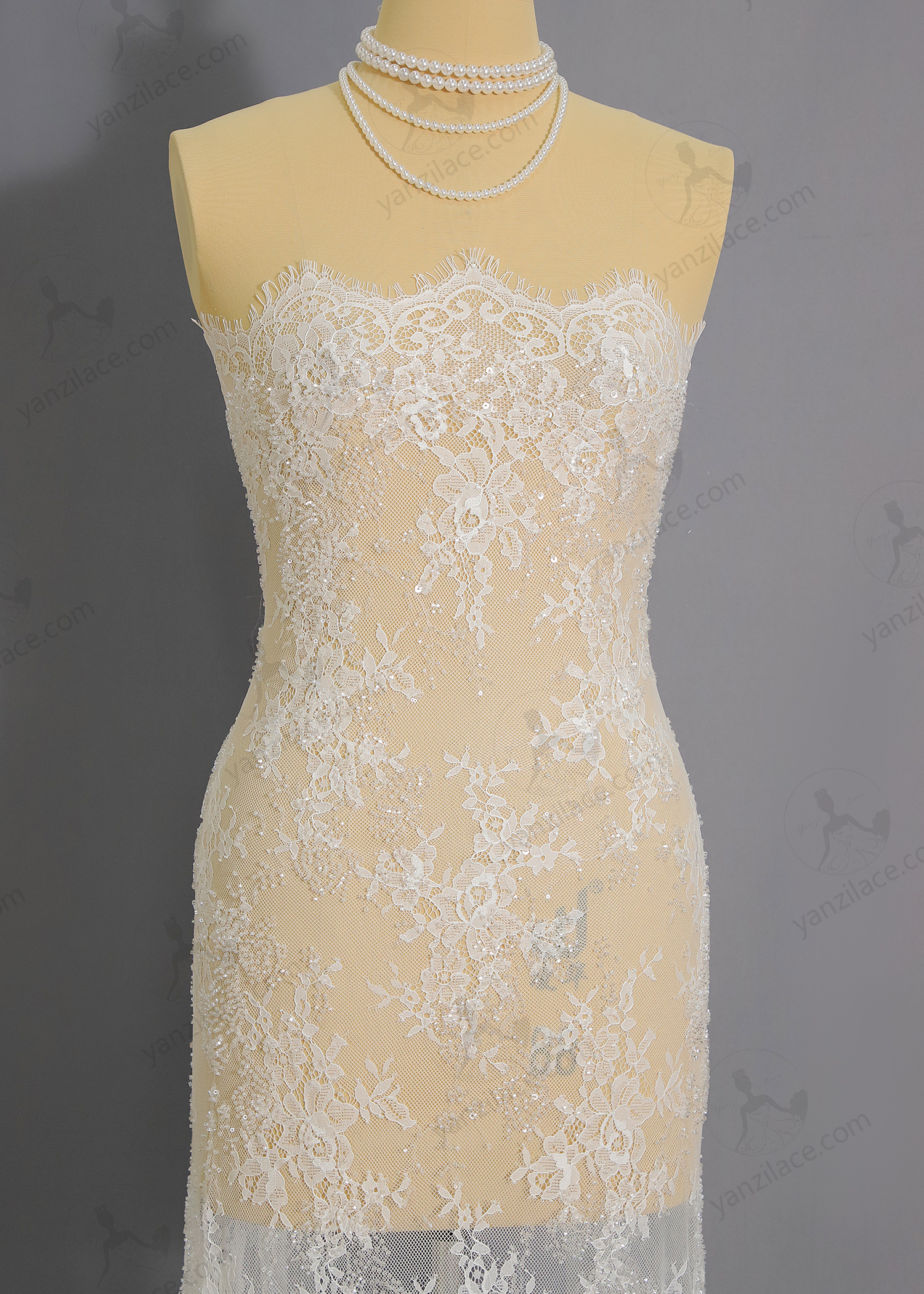 Yanzi eyelash lace with bead embroidery bridal wedding fabric lace (YZZX892B-7)