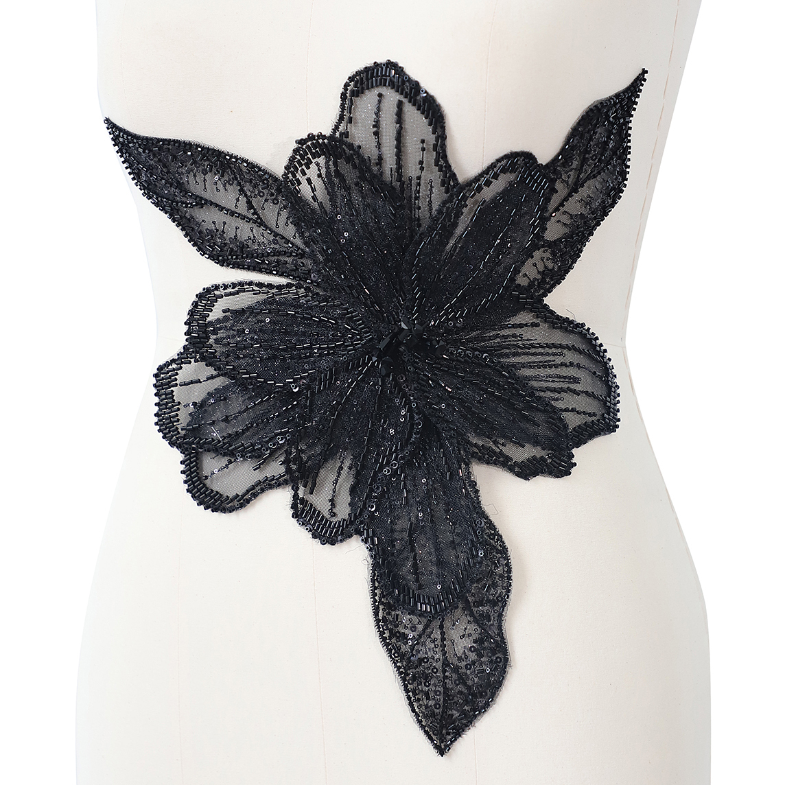 Yanzi Handmade Black Lace Beaded Applique Sew on Sequins Trimming Patches for Dress Clothing Accessories (YZDH005）