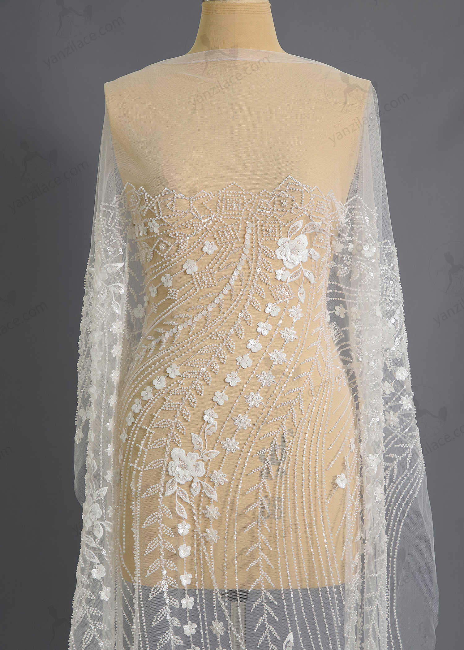 Yanzi bridal fabric luxury embroidery beads sequins lace (YZZX1050)