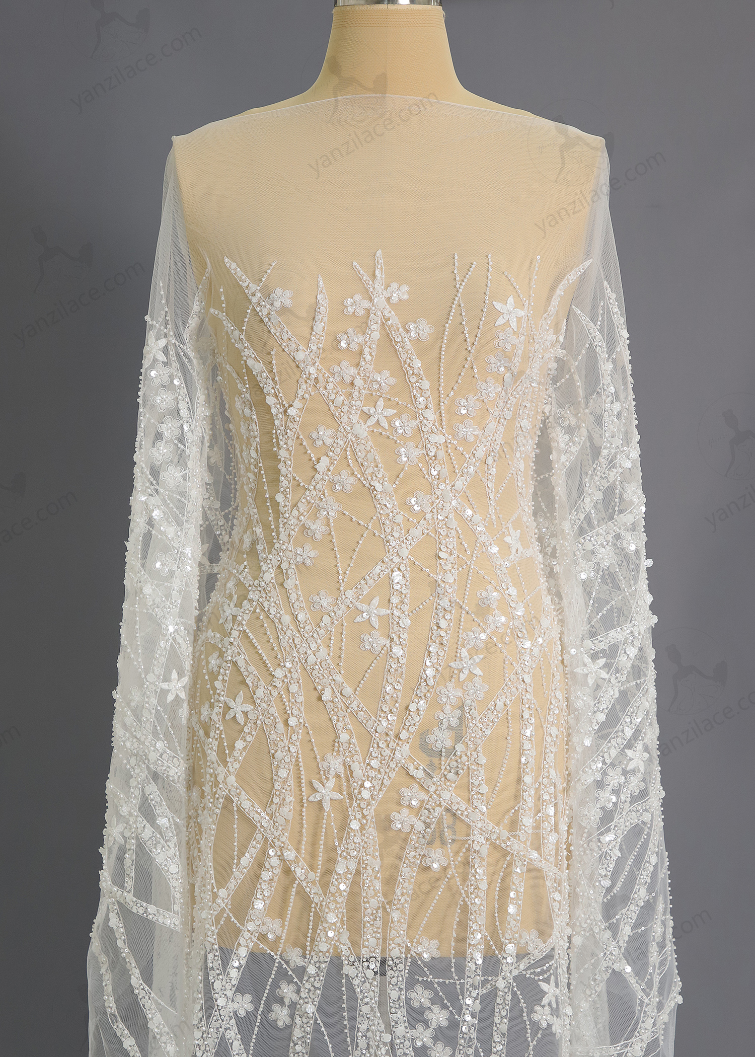 Yanzi bridal fabric luxury embroidery beads sequins lace (YZZX1046)