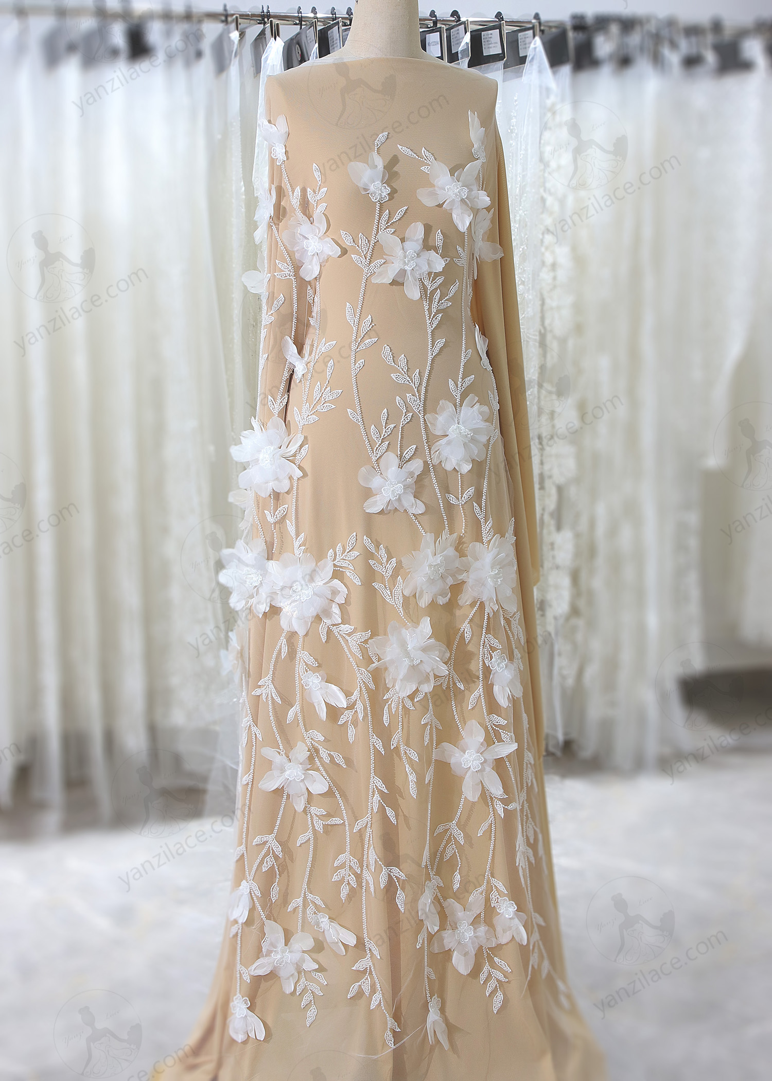 Yanzi 3D floral embroidered lace with beaded sequin  (YZ3D069)