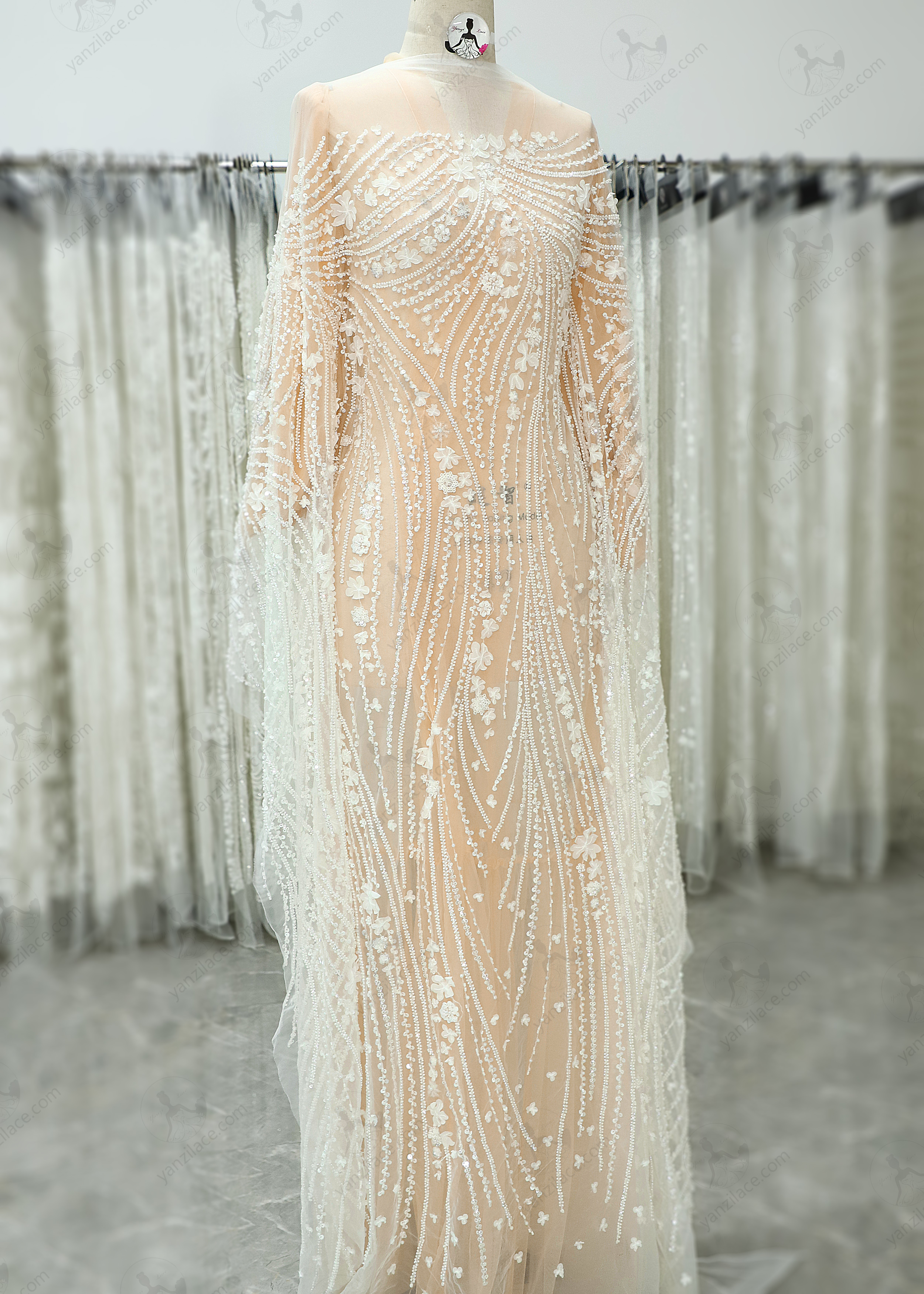 Yanzi 3d floral Laser beaded sequin embroidered lace (YZZX775)