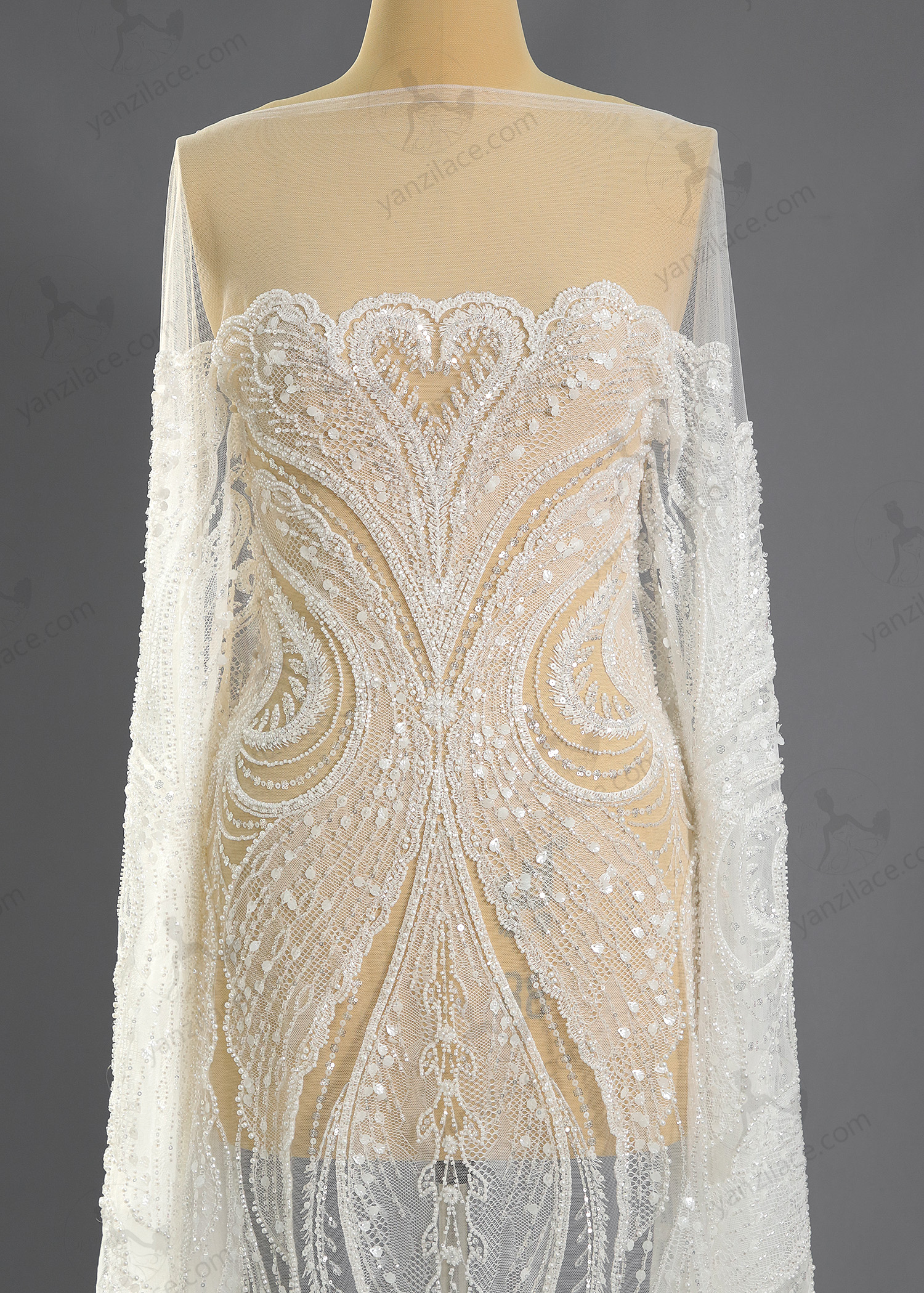 Yanzi bridal fabric luxury embroidery beads sequins lace (YZZX1043)