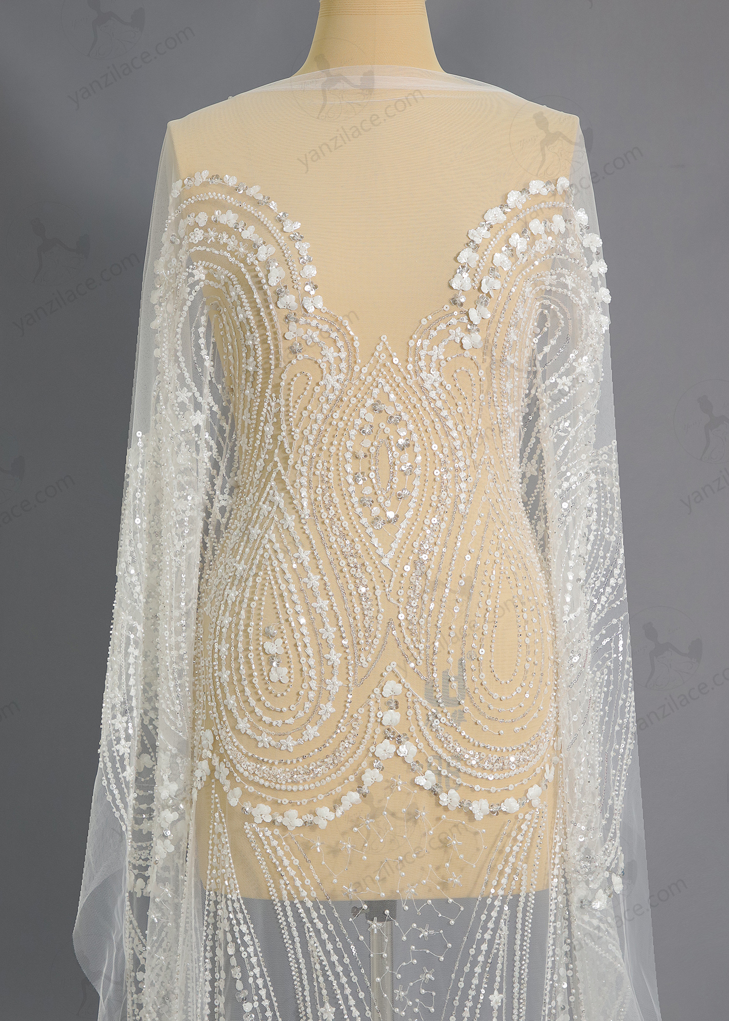 Yanzi bridal fabric luxury embroidery beads sequins lace (YZZX1056)