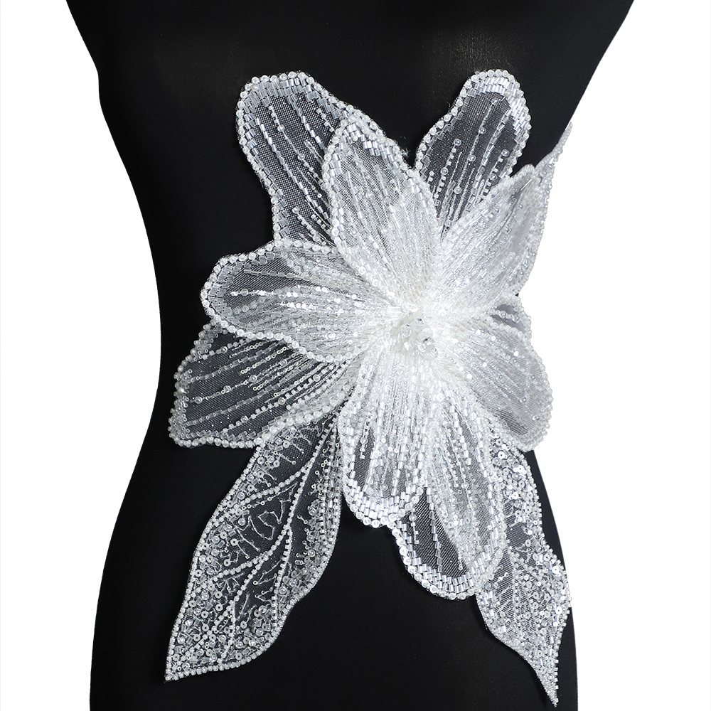 Yanzi Handmade Black Lace Beaded Applique Sew on Sequins Trimming Patches for Dress Clothing Accessories (YZDH005）