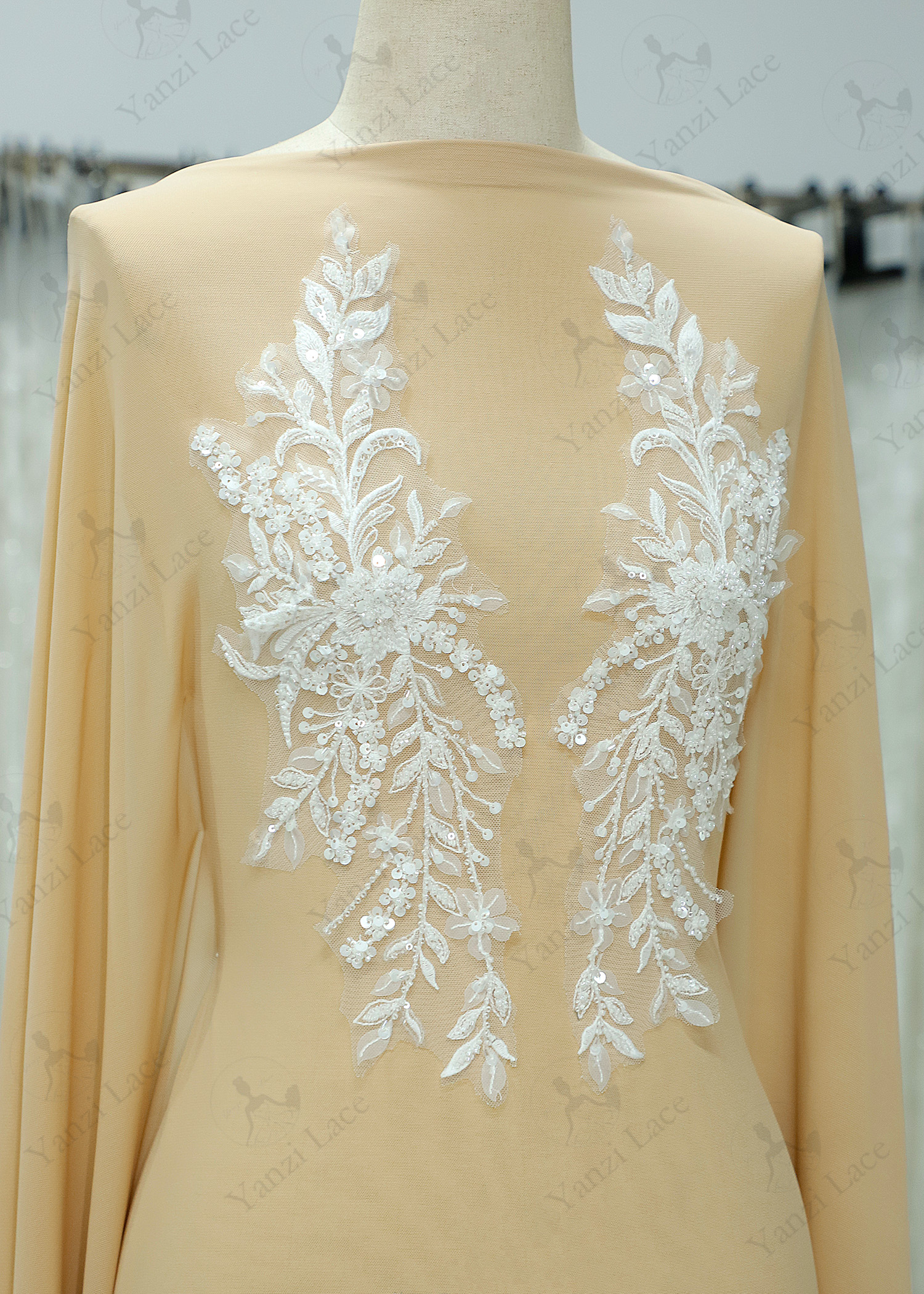 Yanzi embroidery applique floral Laser beaded sequin lace (YZOH125)