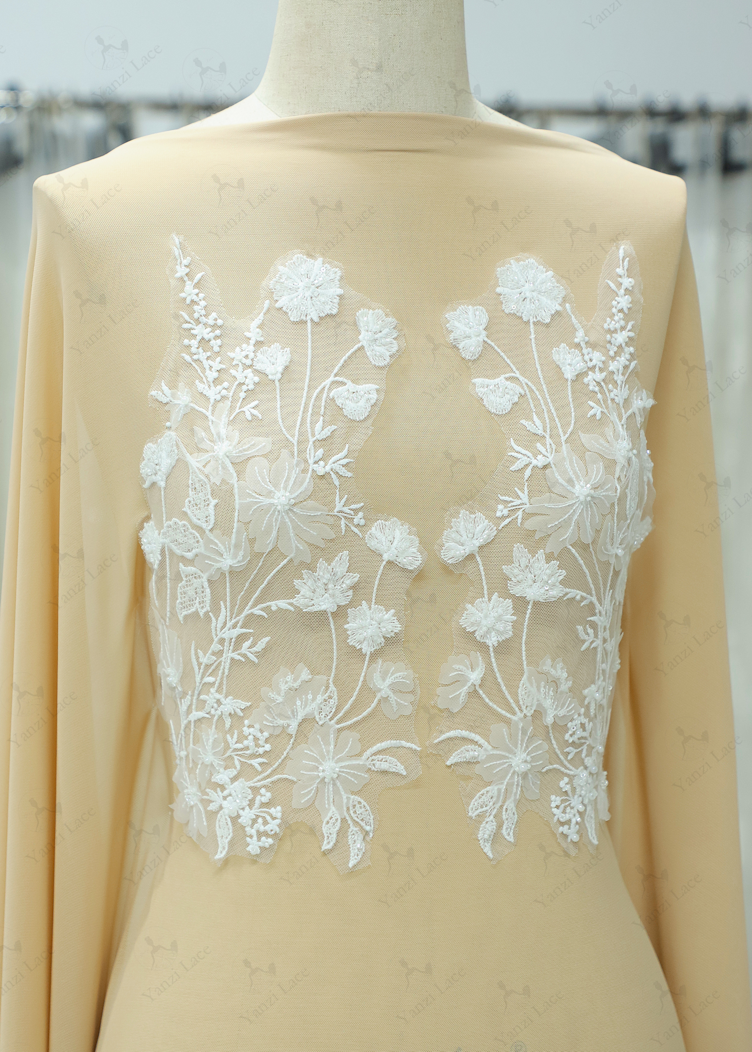 Yanzi embroidery applique floral Laser beaded sequin lace (YZOH121)