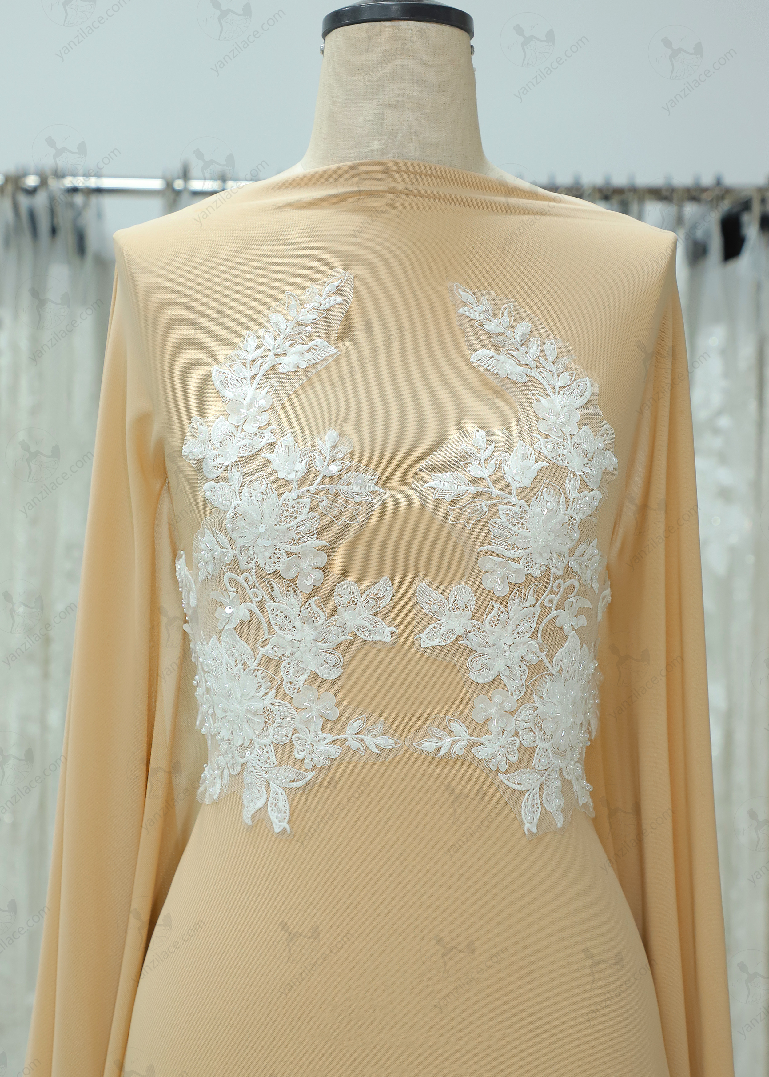 Yanzi embroidery applique floral Laser beaded sequin lace (YZOH134)