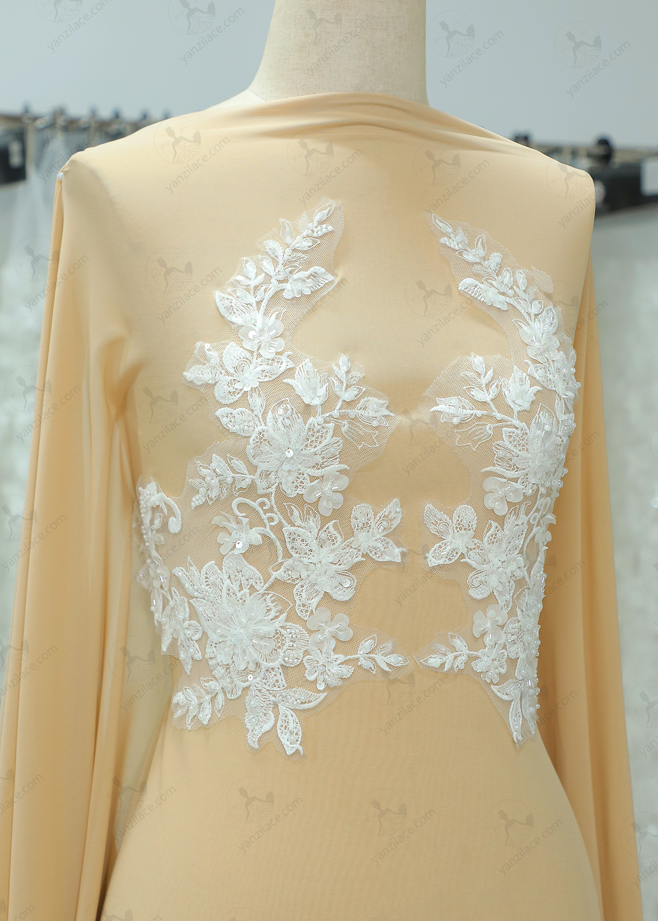 Yanzi embroidery applique floral Laser beaded sequin lace (YZOH134)