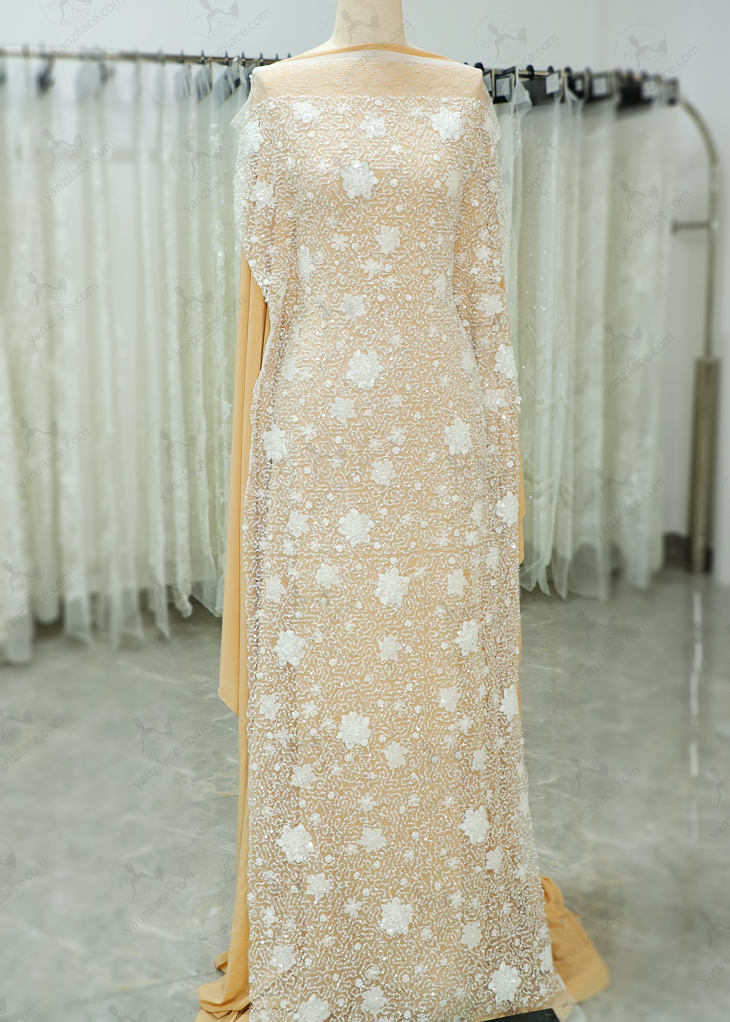 Yanzi 3d floral Laser beaded sequin embroidered lace (YZZX783)