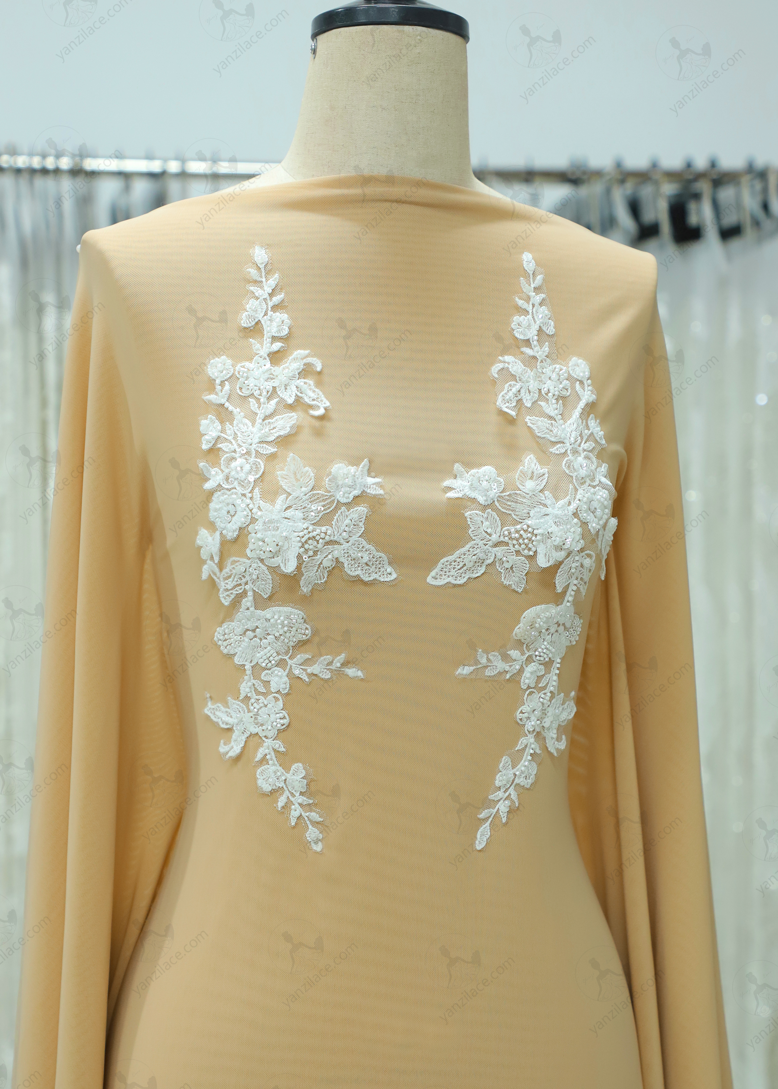 Yanzi embroidery applique floral Laser beaded sequin lace (YZOH140)