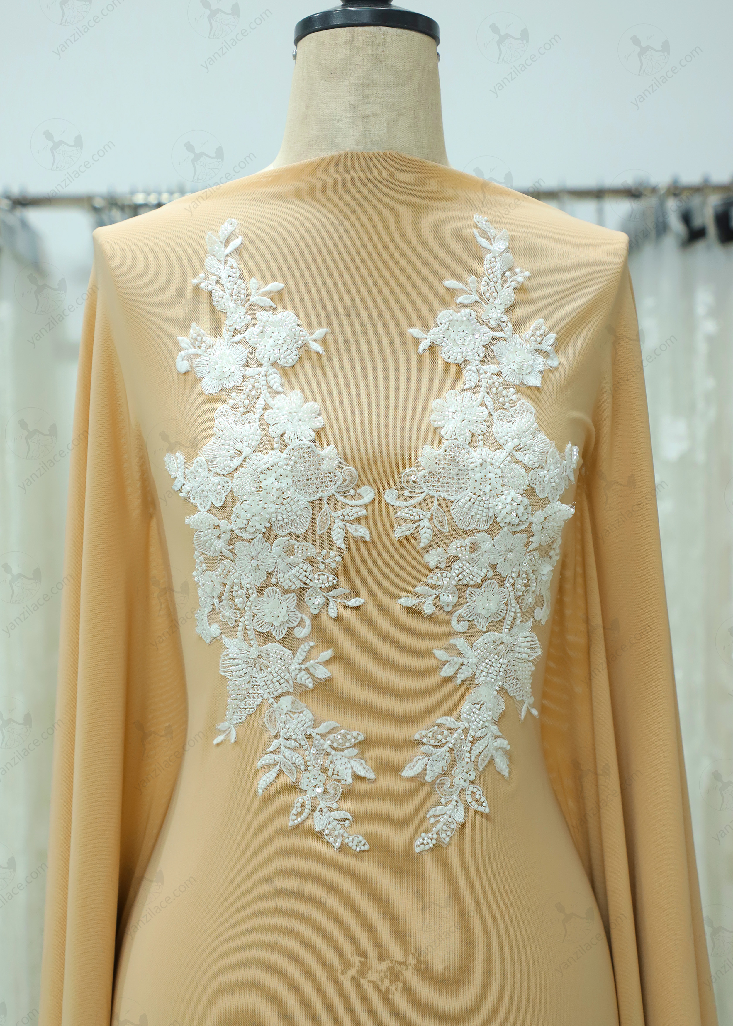 Yanzi embroidery applique floral Laser beaded sequin lace (YZOH143)