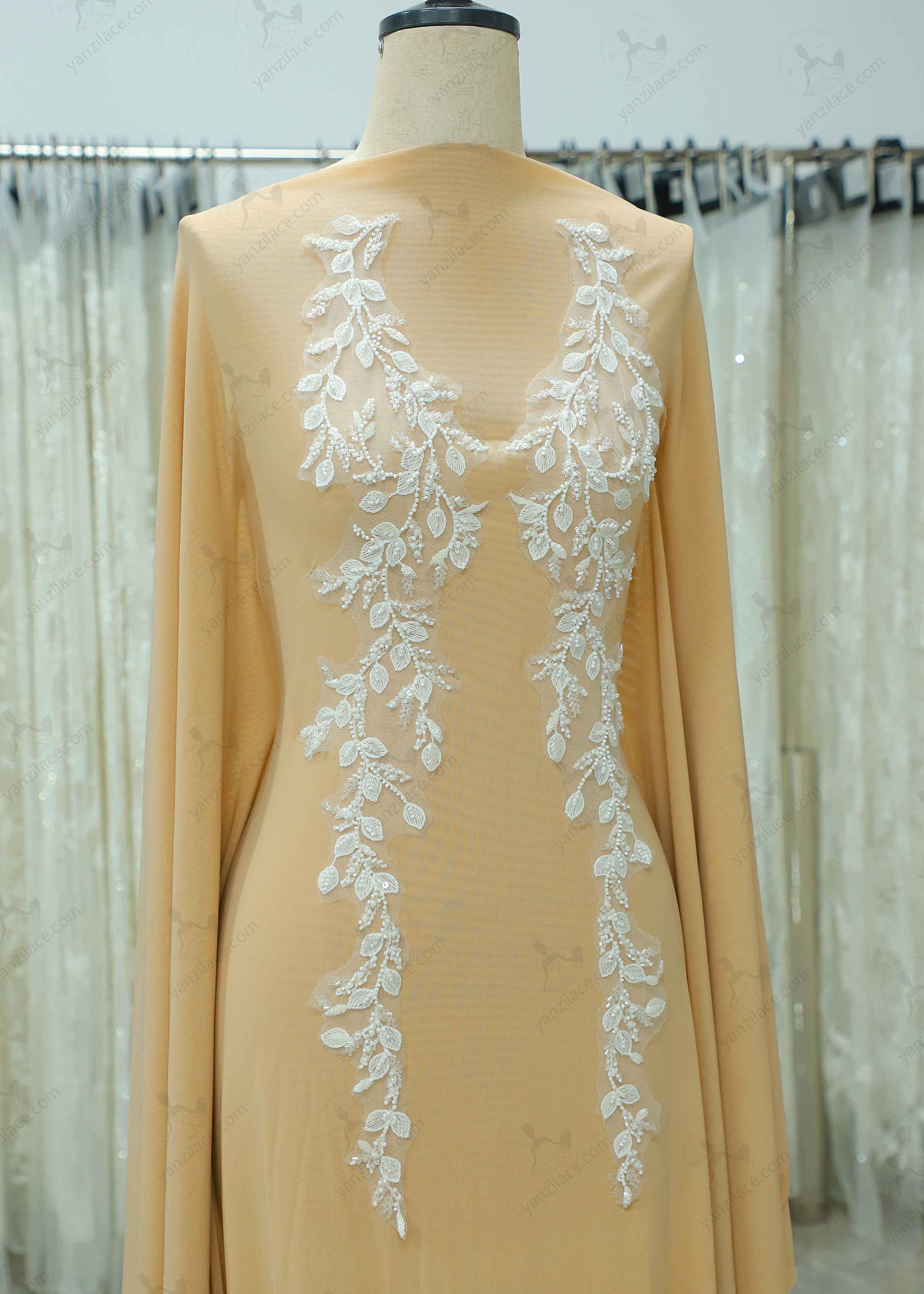 Yanzi embroidery applique floral Laser beaded sequin lace (YZOH147)