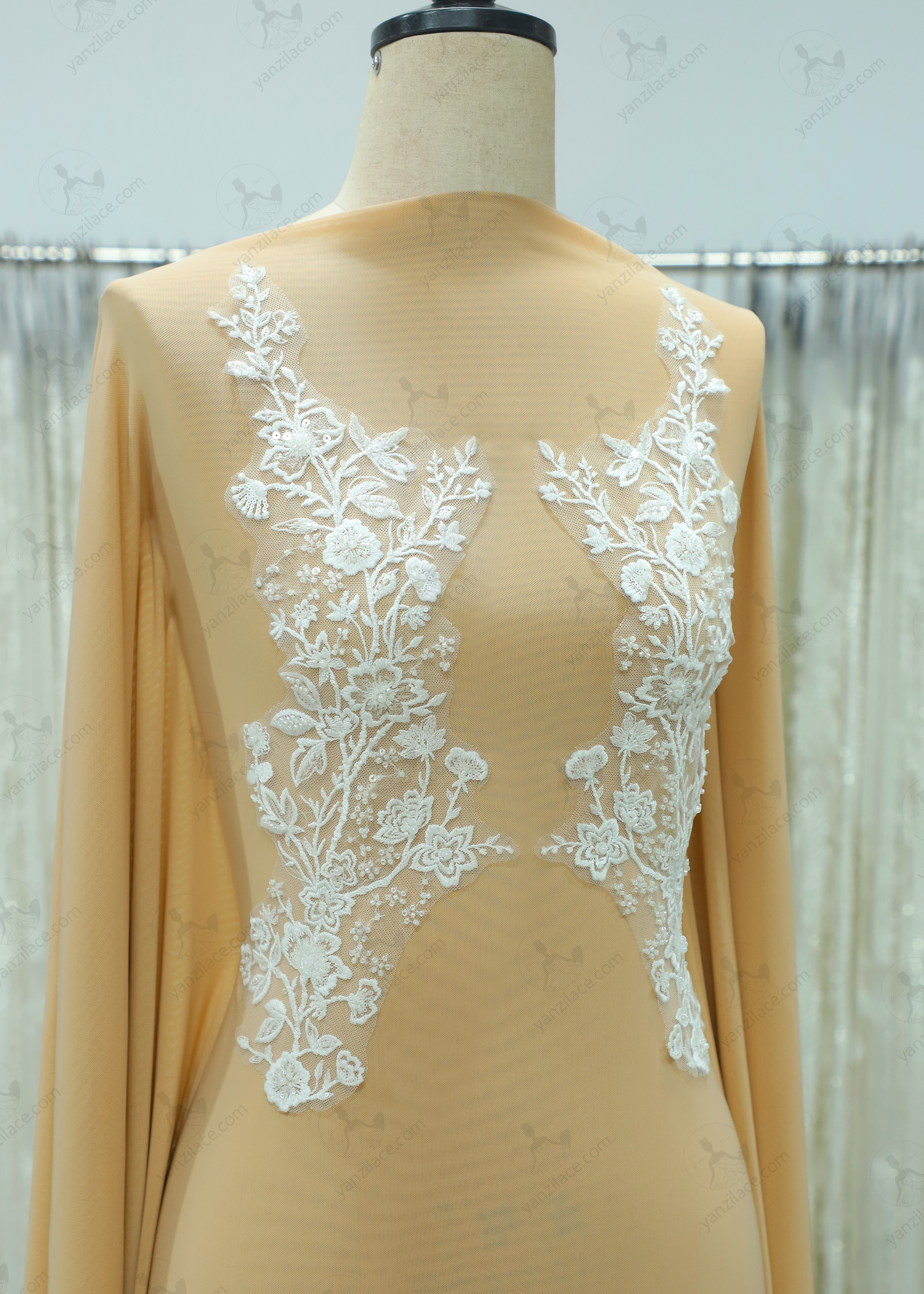 Yanzi embroidery applique floral Laser beaded sequin lace (YZOH145)