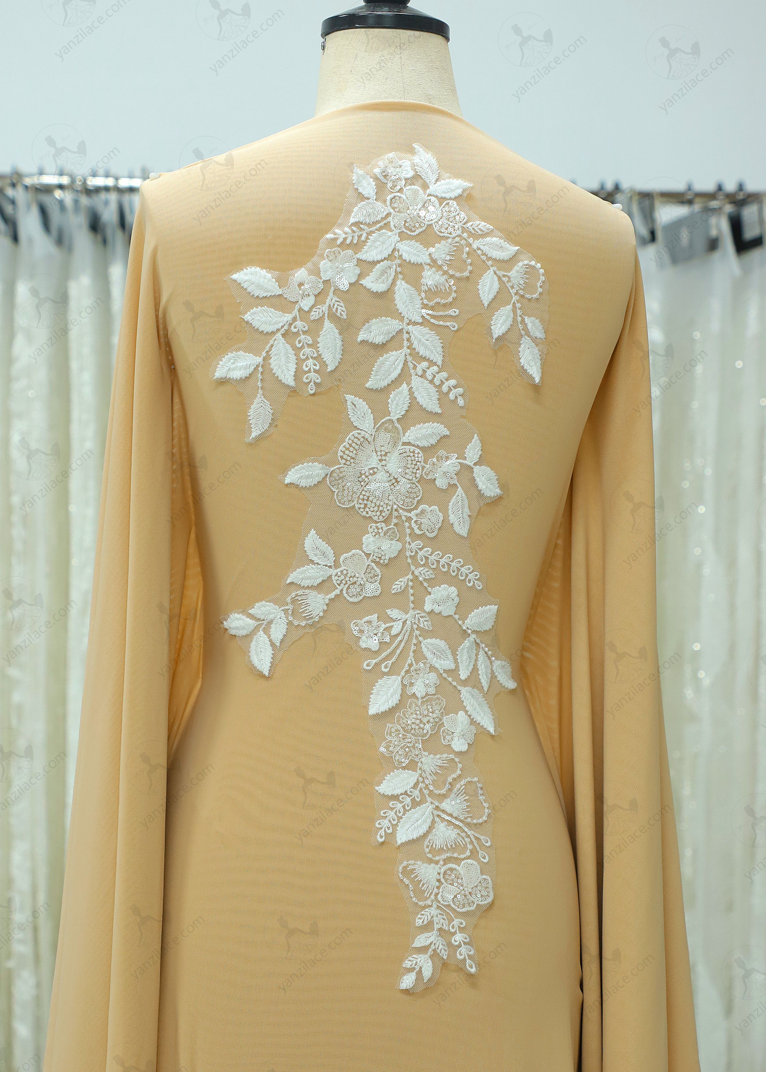 Yanzi embroidery applique floral Laser beaded sequin lace (YZOH138)
