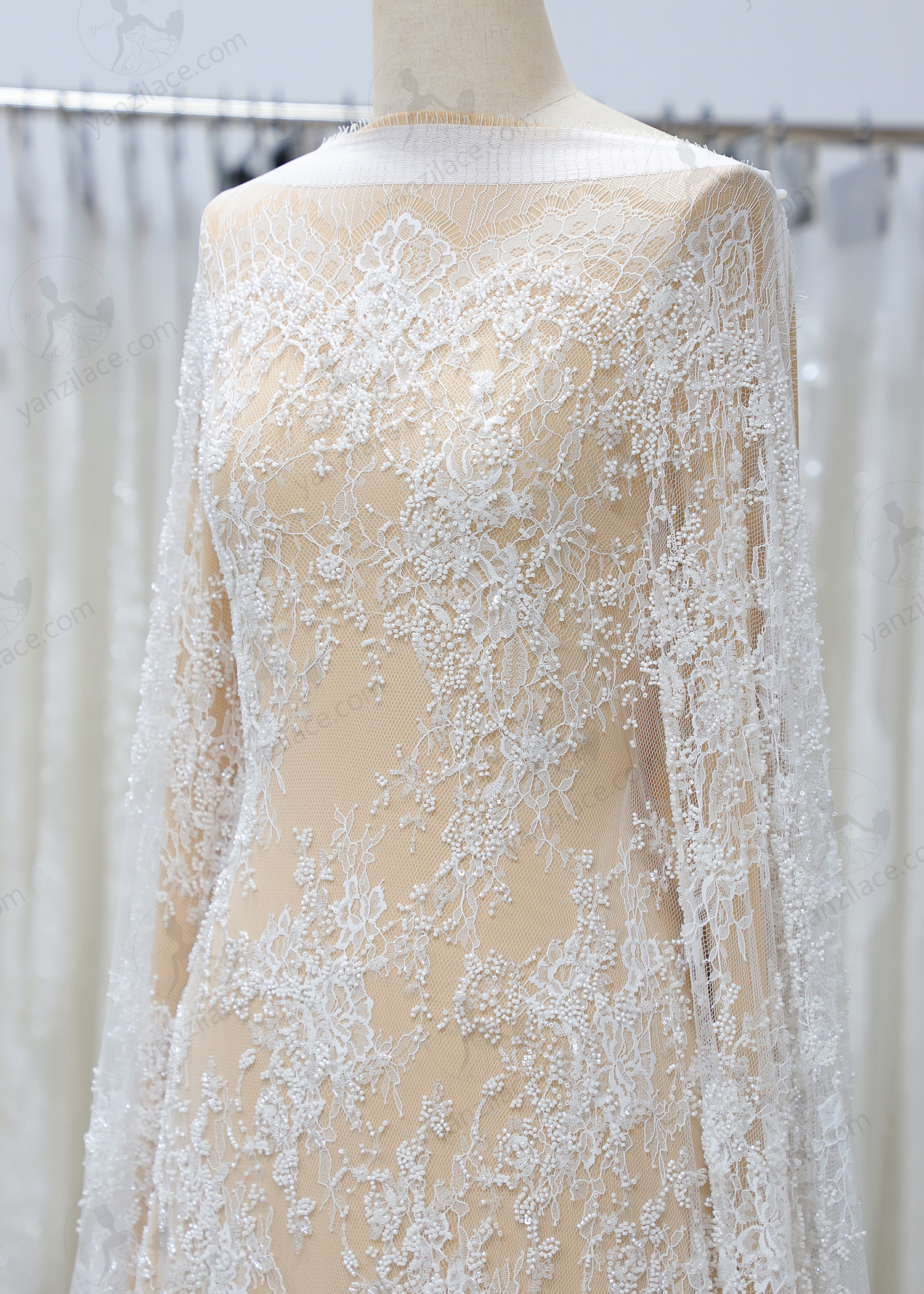 Yanzi eyelash lace with bead embroidery bridal wedding fabric lace (YZZX875+L6531)