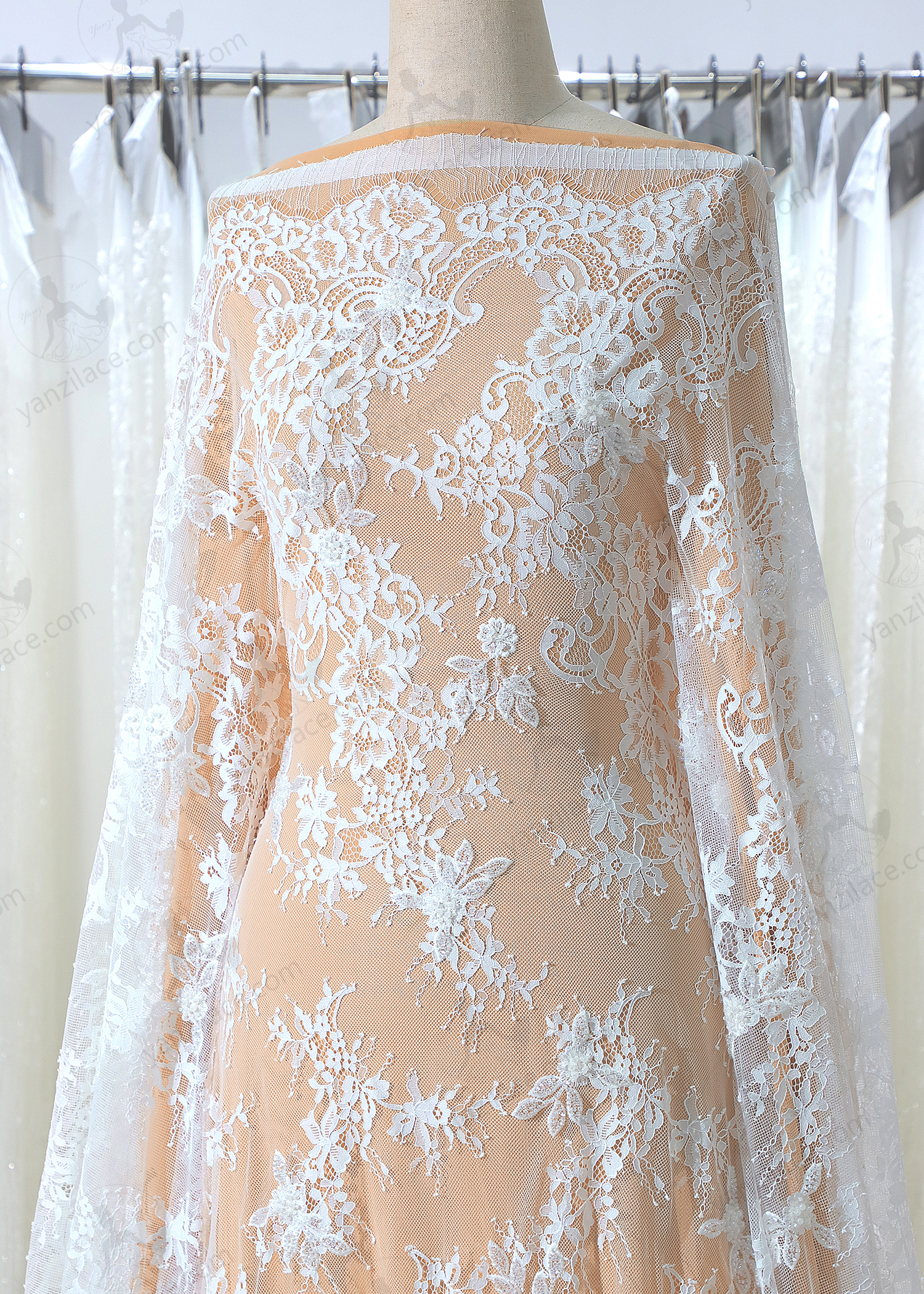Yanzi eyelash lace with bead embroidery bridal wedding fabric lace (YZZX876+L18375)