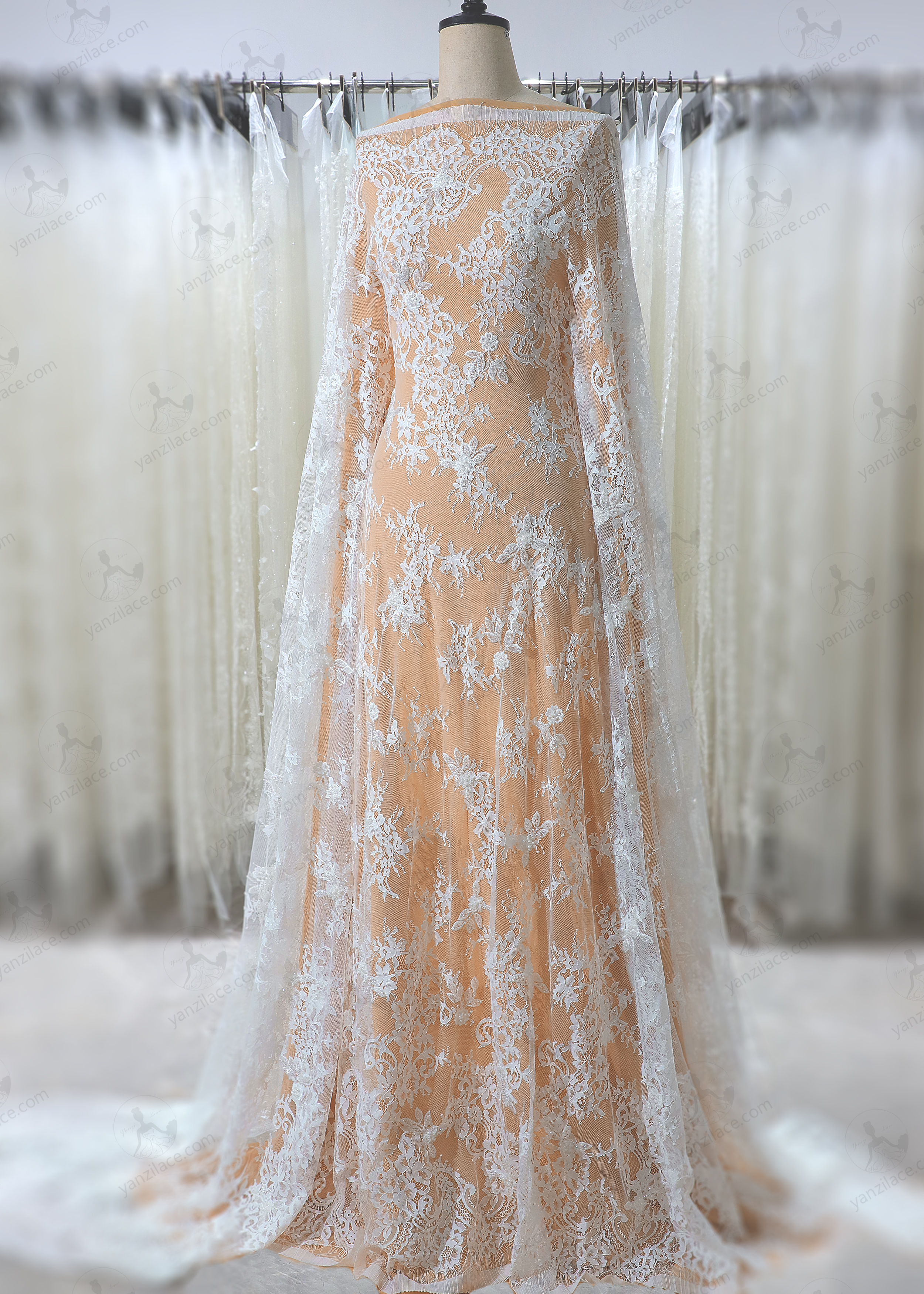 Yanzi eyelash lace with bead embroidery bridal wedding fabric lace (YZZX876+L18375)