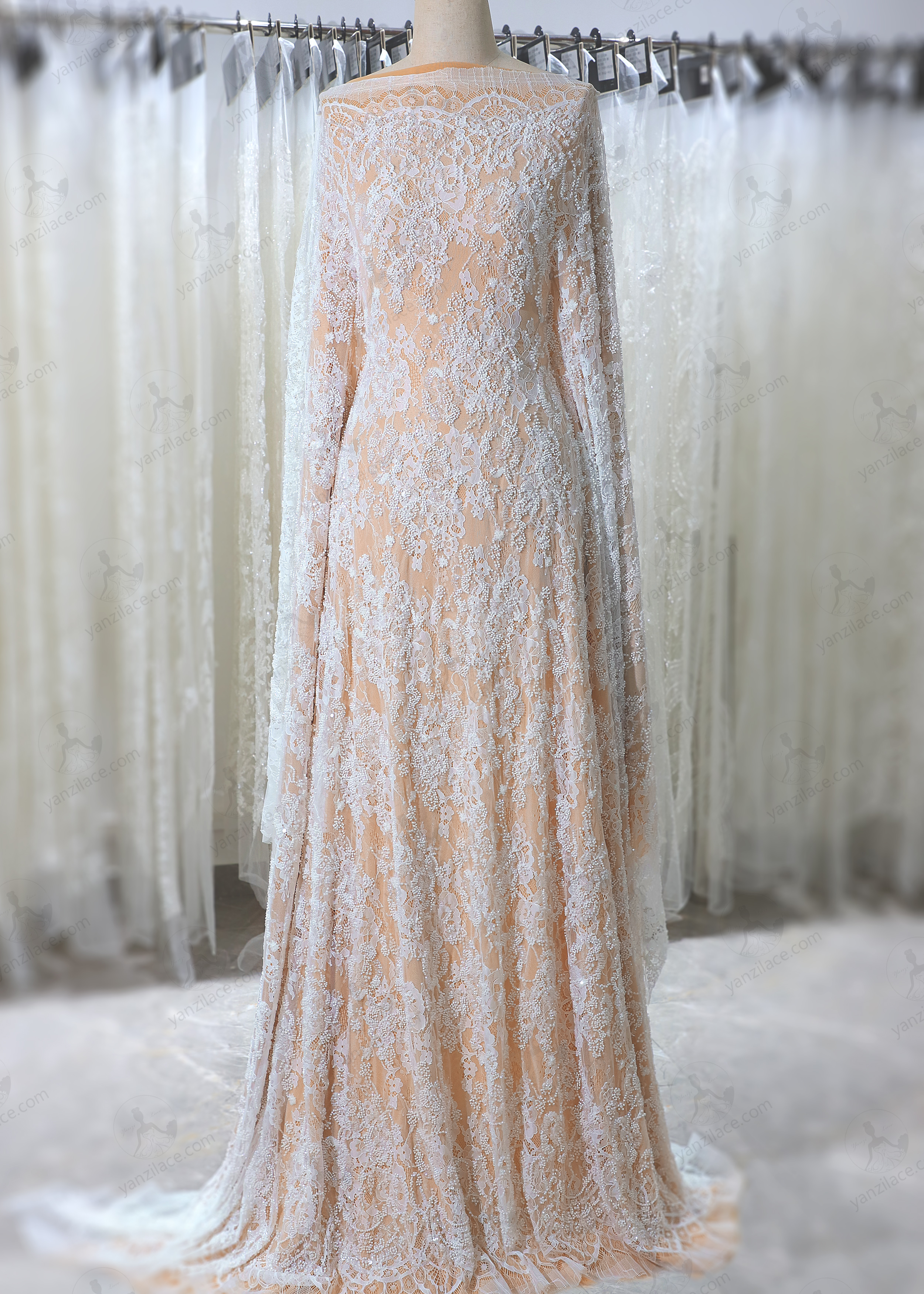 Yanzi eyelash lace with bead embroidery bridal wedding fabric lace (YZZX874+L18354)