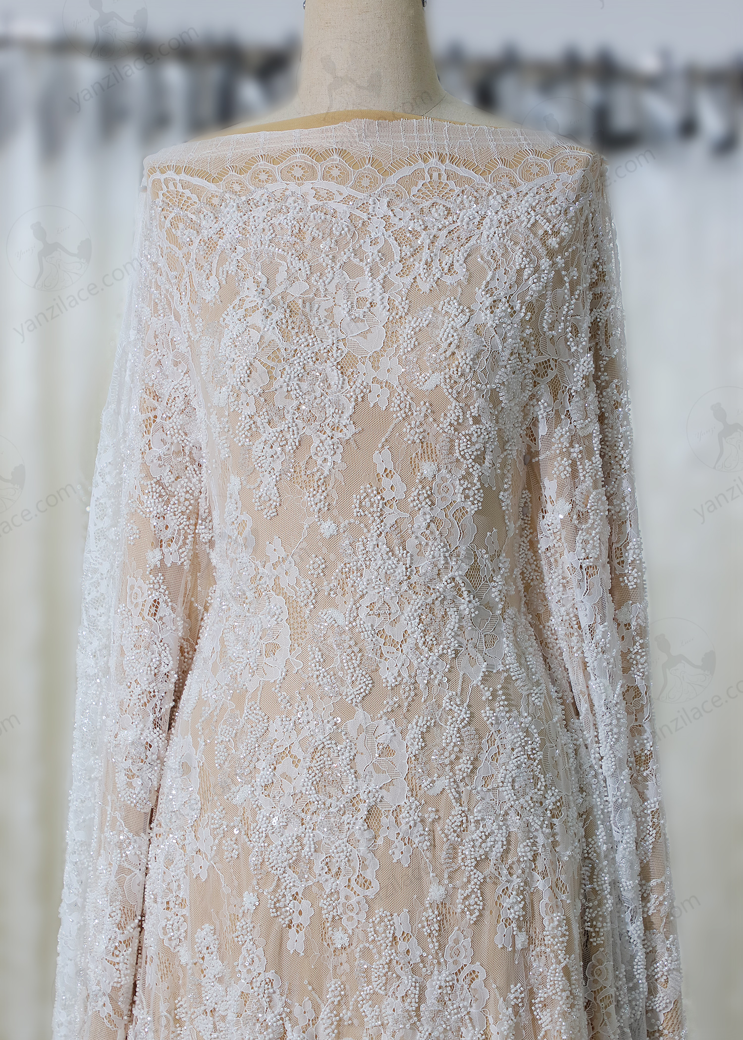 Yanzi eyelash lace with bead embroidery bridal wedding fabric lace (YZZX874+L18354)