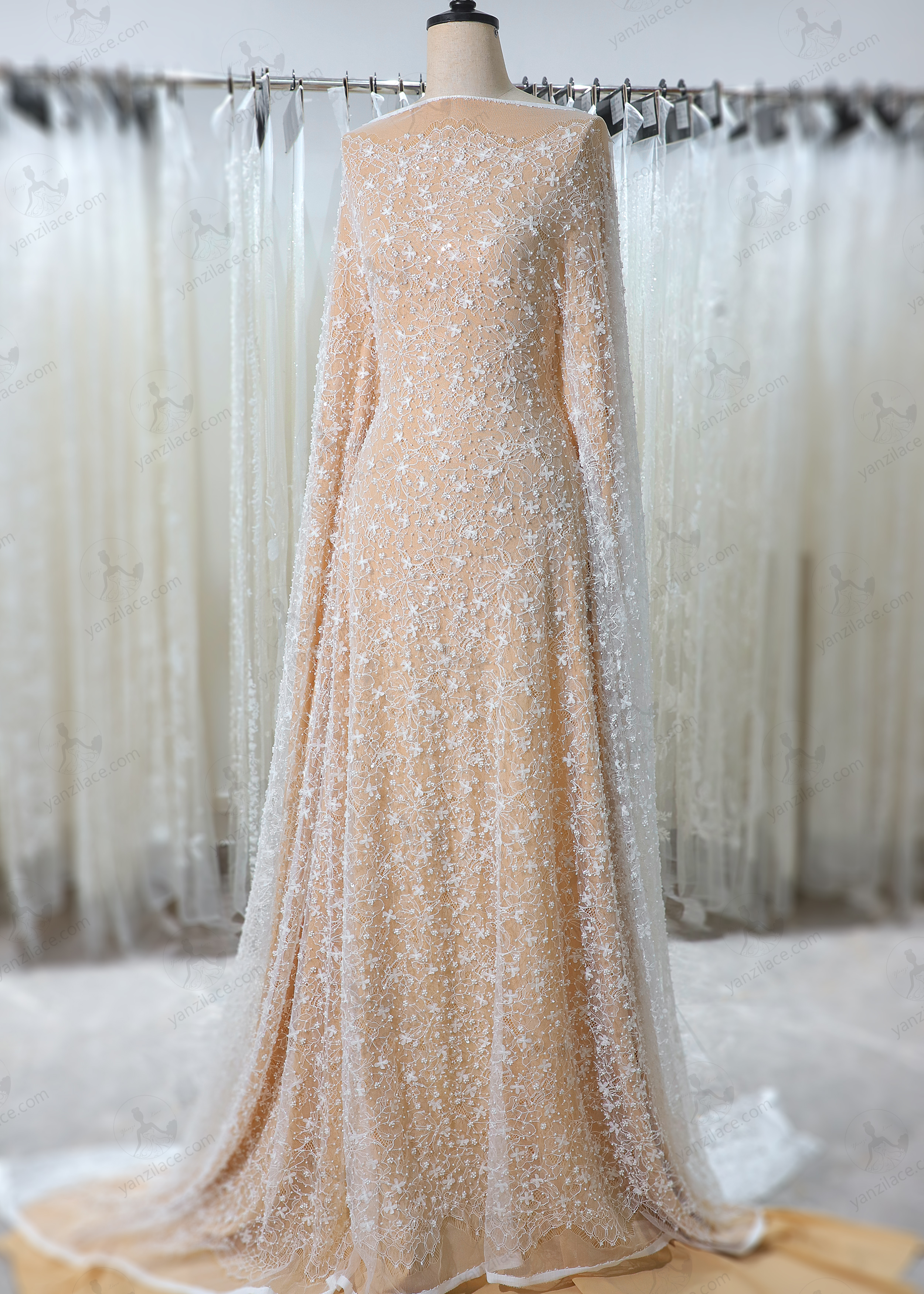 Yanzi eyelash lace with bead embroidery bridal wedding fabric lace (YZZX882+L9233)