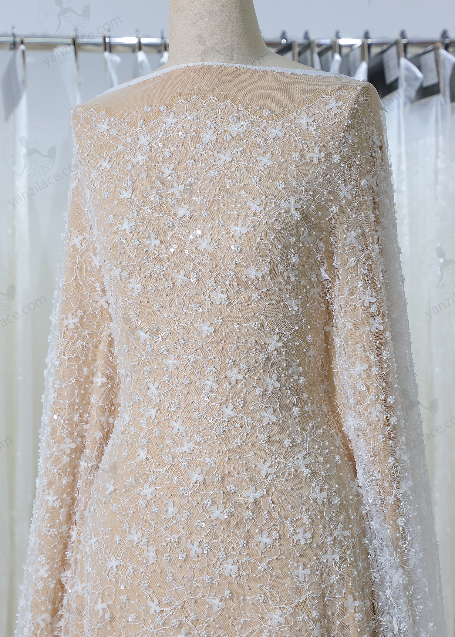 Yanzi eyelash lace with bead embroidery bridal wedding fabric lace (YZZX882+L9233)