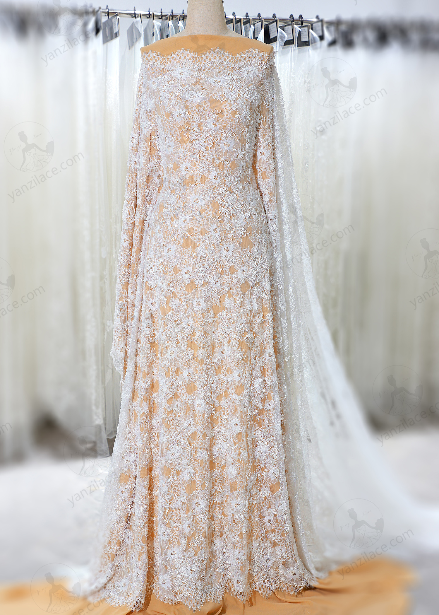 Yanzi eyelash lace with bead embroidery bridal wedding fabric lace (YZZX891+DSM91216)