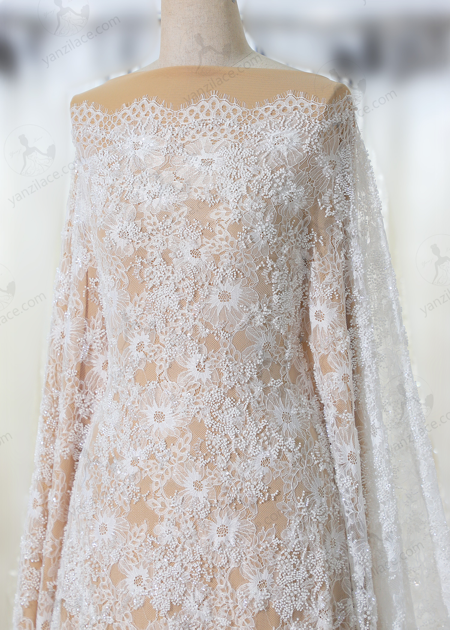 Yanzi eyelash lace with bead embroidery bridal wedding fabric lace (YZZX891+DSM91216)