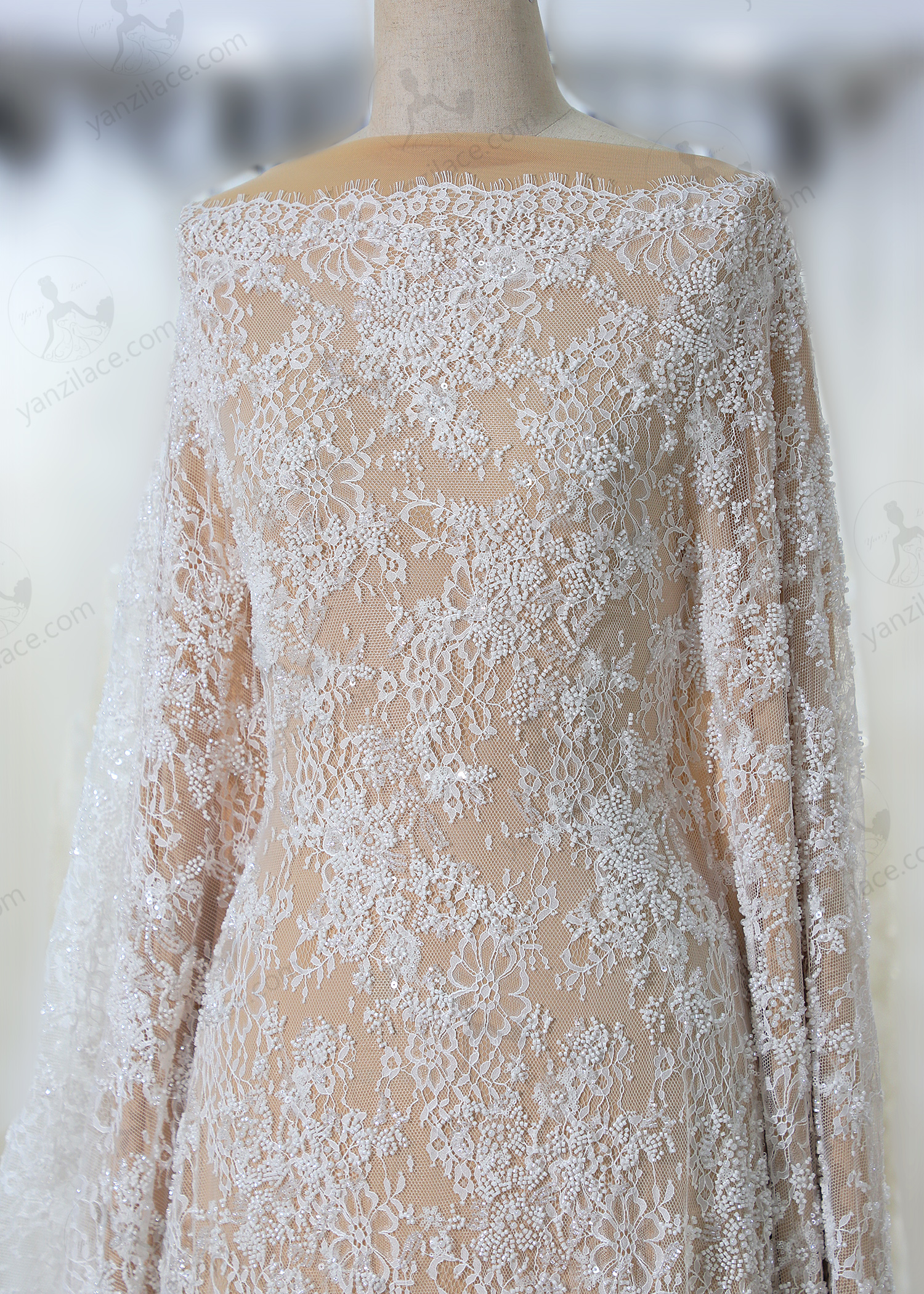 Yanzi eyelash lace with bead embroidery bridal wedding fabric lace (YZZX891+DSM91205)