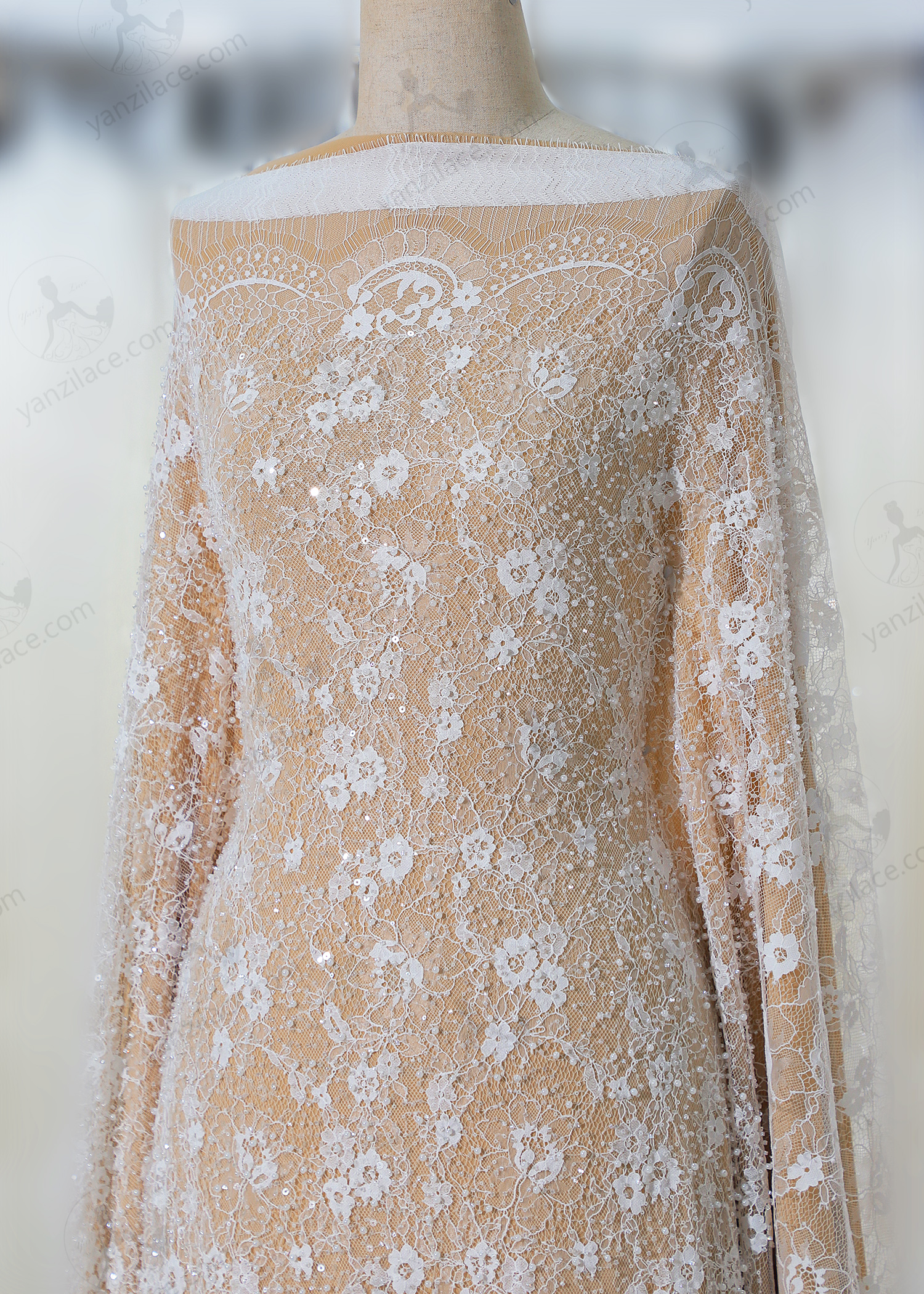 Yanzi eyelash lace with bead embroidery bridal wedding fabric lace (YZZX890+L6530)